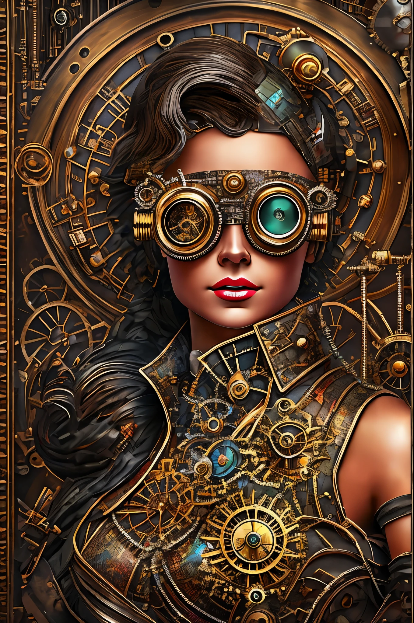 In the world of retro-futurism, behold an ultra-realistic portrayal of a pin-up engineer donning a captivating steampunk Victorian dress. As intricate gears spin harmoniously in the background, the atmospheric lighting casts a smoky haze upon the industrial setting, accentuating the mesmerizing metal textures and bringing forth a sense of wonder. The engineer's detailed expressions, complemented by a rich color palette, captivate the viewer's gaze. Surrounding the protagonist, a complex background scenery unfolds, showcasing a dramatic perspective and fantastical inventions, all intricately designed mechanical contraptions and neo-Victorian fashion. Adorned with leather goggles and brass accessories, the engineer's portrait exudes an air of confidence and creativity. This masterpiece