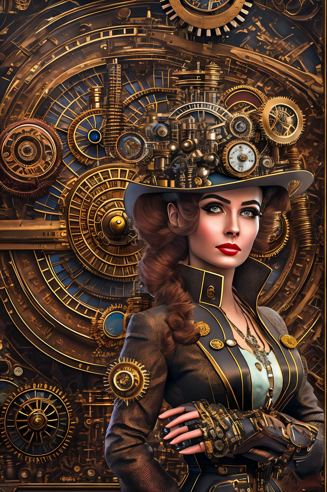 In the world of retro-futurism, behold an ultra-realistic portrayal of a pin-up engineer donning a captivating steampunk Victorian dress. As intricate gears spin harmoniously in the background, the atmospheric lighting casts a smoky haze upon the industrial setting, accentuating the mesmerizing metal textures and bringing forth a sense of wonder. The engineer's detailed expressions, complemented by a rich color palette, captivate the viewer's gaze. Surrounding the protagonist, a complex background scenery unfolds, showcasing a dramatic perspective and fantastical inventions, all intricately designed mechanical contraptions and neo-Victorian fashion. Adorned with leather goggles and brass accessories, the engineer's portrait exudes an air of confidence and creativity. This masterpiece