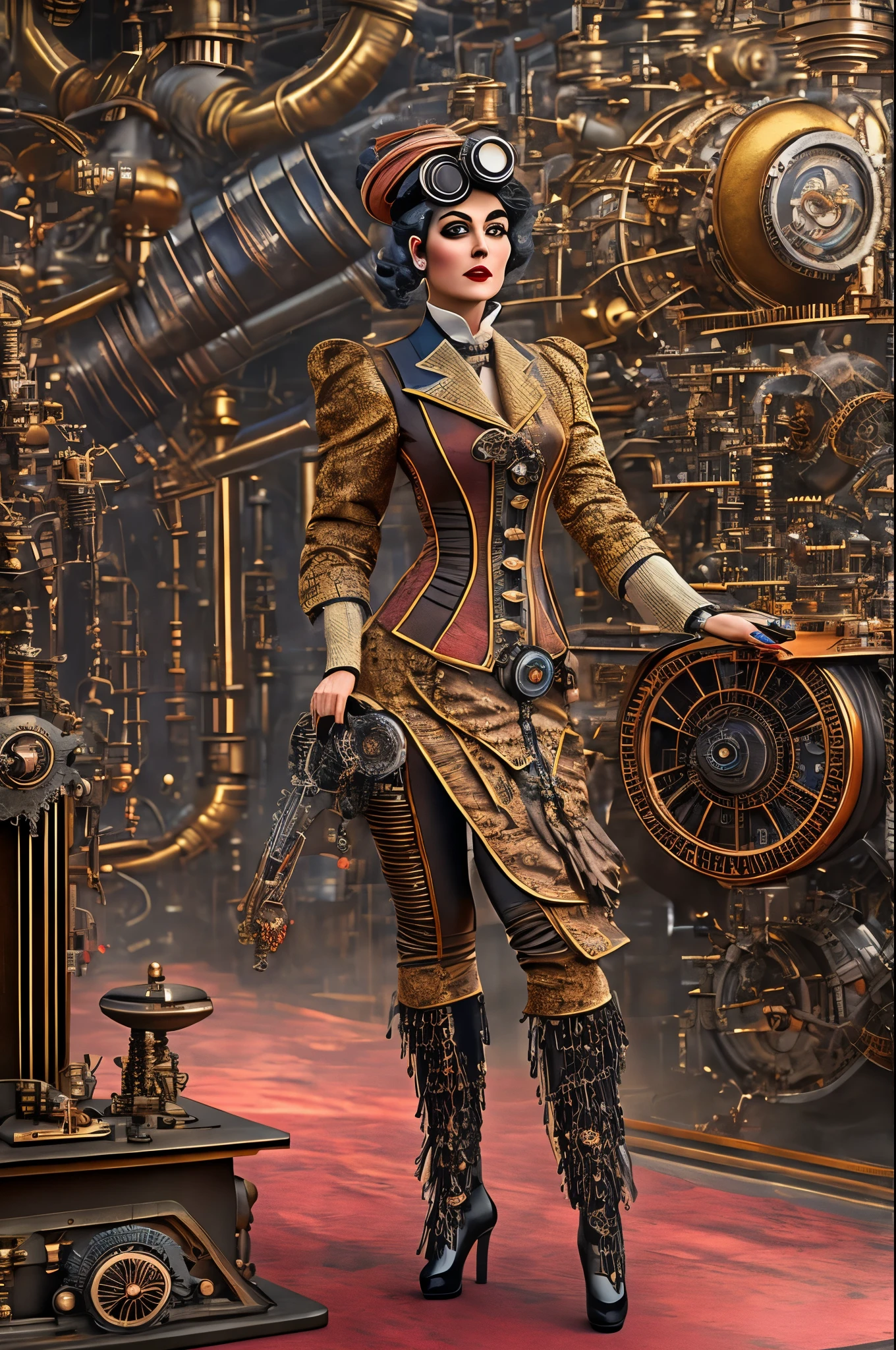 In the world of retro-futurism, behold an ultra-realistic portrayal of a pin-up engineer donning a captivating steampunk Victorian dress. As intricate gears spin harmoniously in the background, the atmospheric lighting casts a smoky haze upon the industrial setting, accentuating the mesmerizing metal textures and bringing forth a sense of wonder. The engineer's detailed expressions, complemented by a rich color palette, captivate the viewer's gaze. Surrounding the protagonist, a complex background scenery unfolds, showcasing a dramatic perspective and fantastical inventions, all intricately designed mechanical contraptions and neo-Victorian fashion. Adorned with leather goggles and brass accessories, the engineer's portrait exudes an air of confidence and creativity. This masterpiece