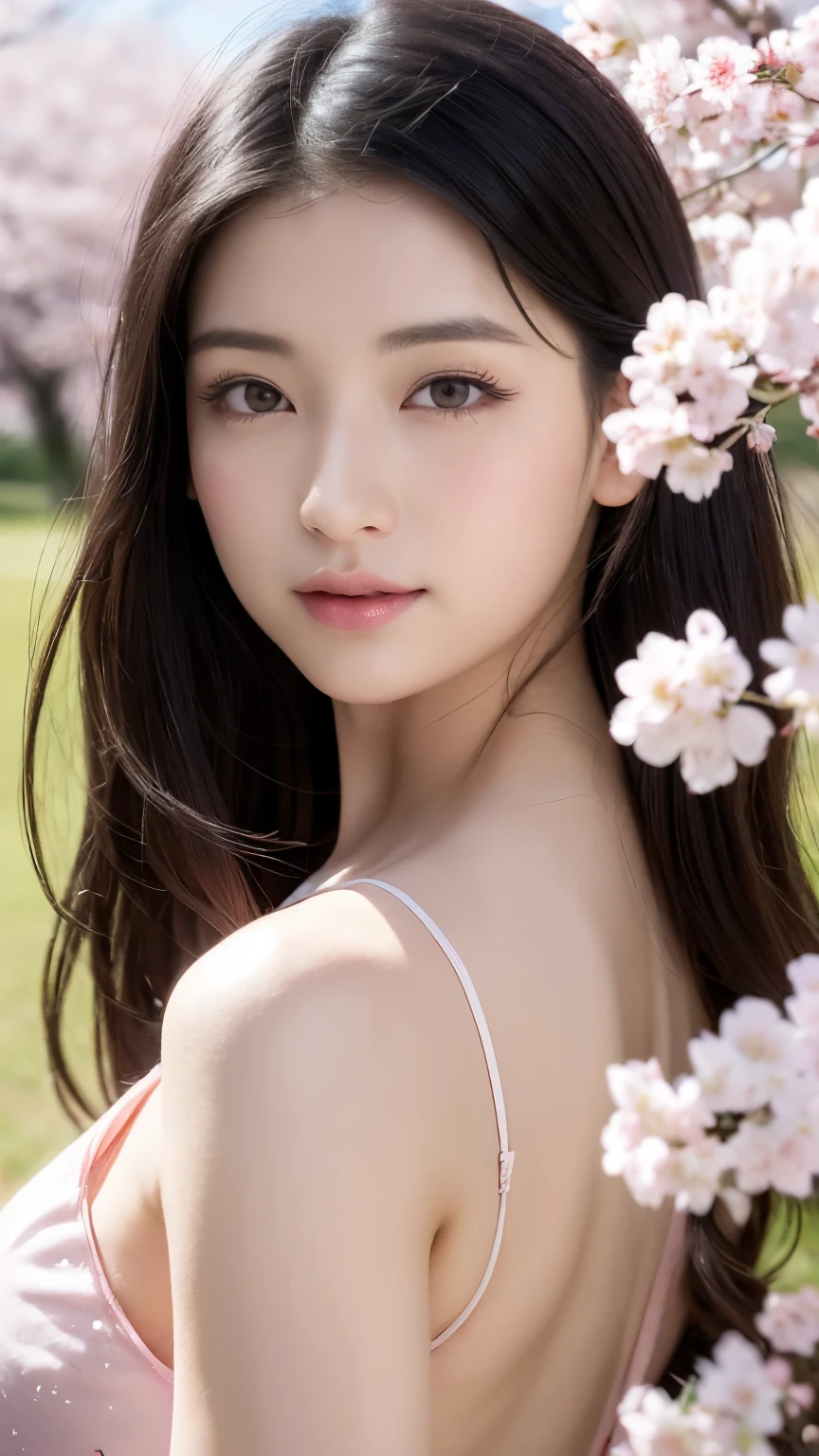 (A logo、masterpiece、8K、masutepiece、Raw photo、Fantastic、Best Quality、Photorealistic and ighly detailed CG integrated 8k wallpaper、hightquality、ighly detailed、epic poem、Particle effect、Dynamic effects、depth of fields、Cinematic Light、Lens Flare、Ray tracing)、Fantasia、 (Beauty 1 person、doress、Dress、Cherry blossom pattern、A dark-haired、Beautiful face、Real Face、beautiful details eyes beautiful skin)、my hair dances in the wind、Hair flutters in the wind、Hair jumps、Pink cherry blossom tree、Petals flutter、Sakura blizzard、Superb view、morning glow、Sun in the background、the wind、
