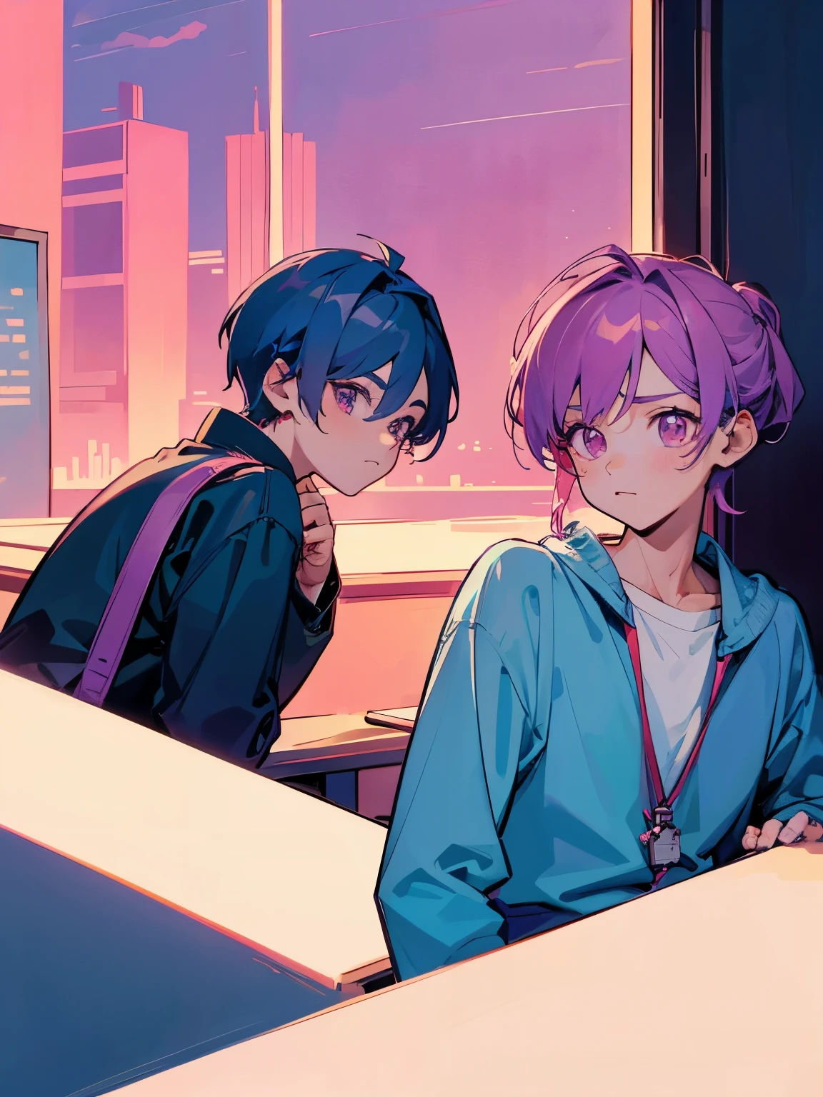 cartoon of two boys sitting at a table with a book and a backpack, ddlc, in the art style of 8 0 s anime, 9 0 s anime style, 90s anime style, in anime style, in an anime style, anime aesthetic, anime vibes, 9 0 s anime aesthetic, 9 0 s anime art style, lofi boy, typical anime classroom, beautiful background window, two cute boys, beautiful faces, two boys 
