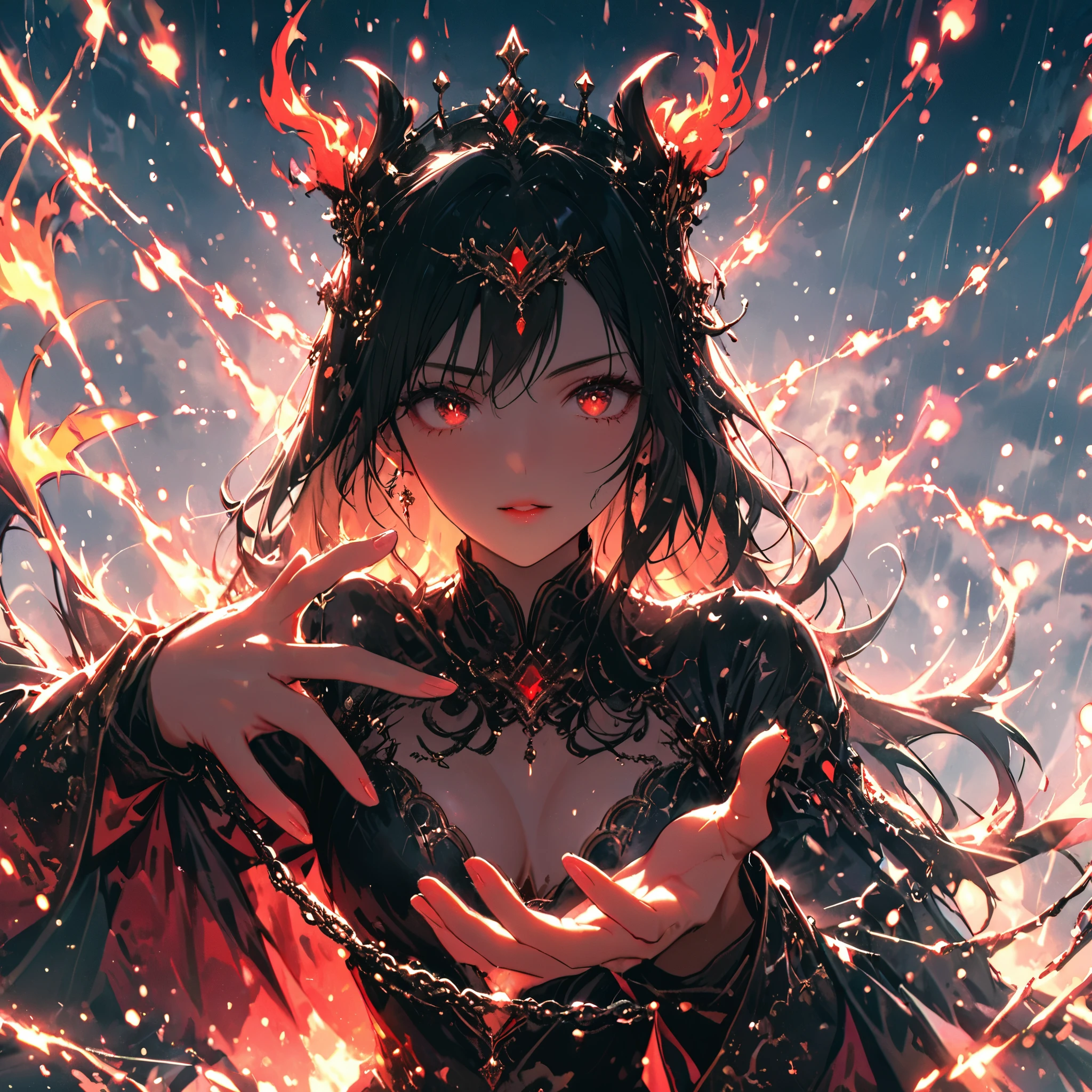 (best quality,4k,highres,masterpiece:1.2),ultra-detailed,seductive sorceress,red fiery energy spells,high ground,fantasy background,beautiful detailed eyes,beautiful detailed lips,seductive body,longeyelashes,flowing chains,magic crown,enchanted atmosphere,dark and mysterious lighting,dramatic shadows,glowing runes,crackling sparks,spellbinding charm,ominous clouds,vibrant colors,vivid flames,ethereal glow,dynamic pose,magical runes in the background,casting spell with intense focus,expressive facial features,dangerous and captivating,vortex of magical energy,alluring gaze