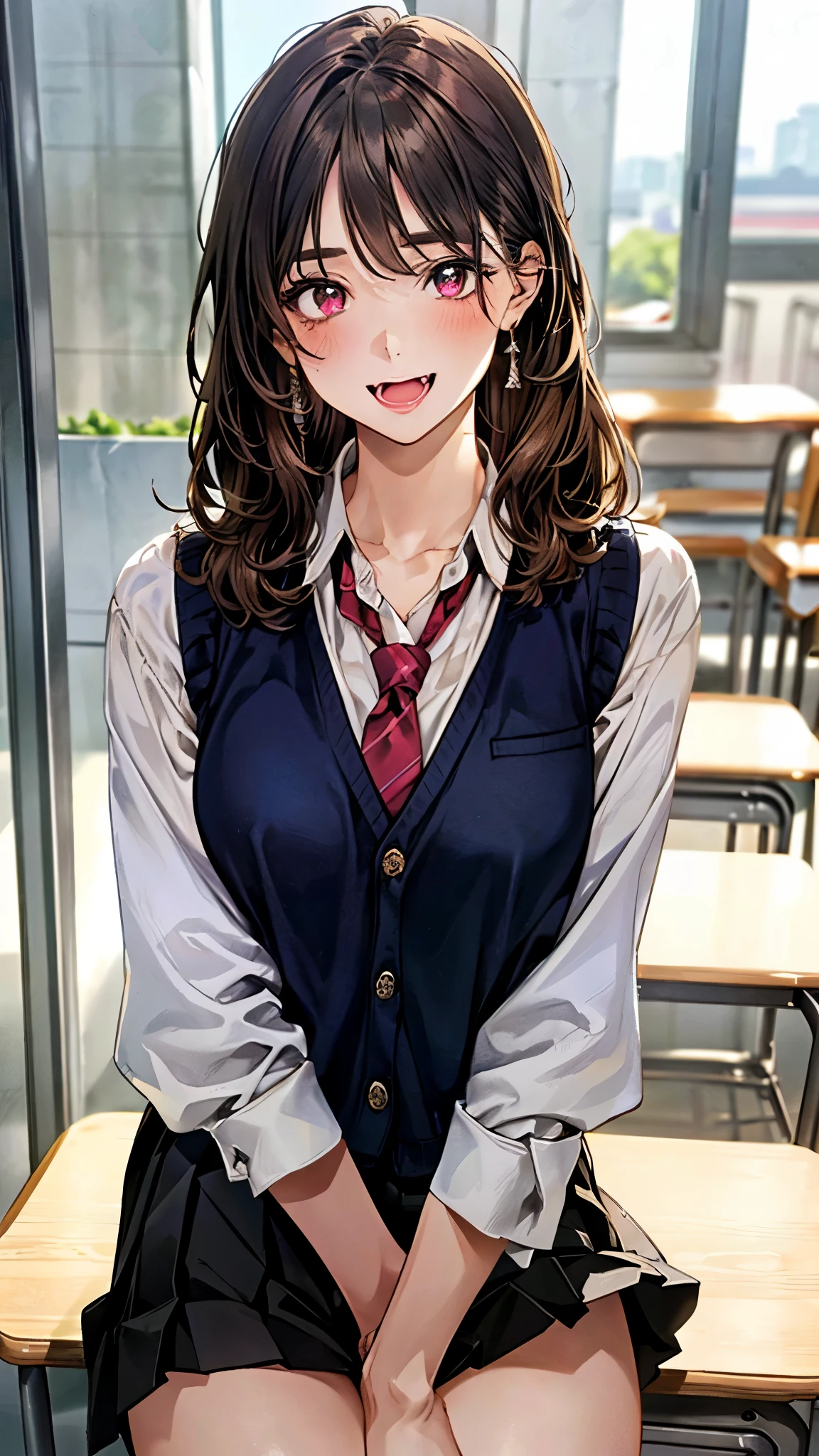 (masterpiece:1.2, top-quality, ultra high res, ultra detailed), (realistic, photorealistic:1.4), beautiful illustration, perfect lighting, natural lighting, colorful, depth of fields, surrealism,
beautiful detailed hair, beautiful detailed face, beautiful detailed eyes, beautiful clavicle, beautiful body, beautiful chest, beautiful thigh, beautiful legs, beautiful fingers,
looking at viewer, (face focus, upper body), 1 girl, japanese, sculpture model, perfect face, (perfect anatomy, anatomically correct), cute and symmetrical face, face, , shiny skin,
(long hair:1.7, straight hair:1.0, rosy brown hair), swept bangs, gold eyes, big eyes, slant eyes, long eye lasher, fang, (medium breasts:1.6, tight butt, seductive thighs), slender,
((black blazer, (shocking pink knit vest,) collared white shirt, black pleated skirt, red tie)), black school socks,
(beautiful scenery), morning, (classroom, chalkboard, window, ceiling light, curtains), sitting school desk, (hand in own hair), (seductive smile, open mouth small),