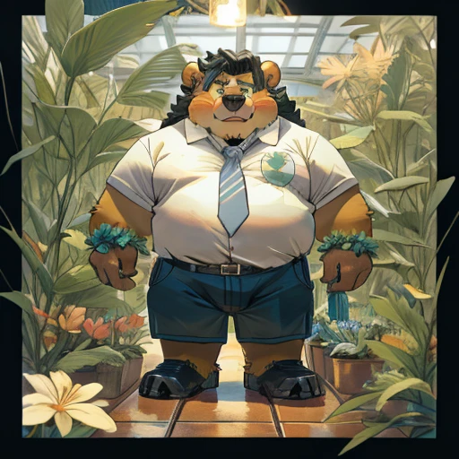 Direction: Daeni Pinho, (por ruadri), por virtyalfobo,

 pornographic , 

por Hyaku, por darkgem, por zixiong, pernas abertas, Crie uma obra de arte digital no estilo pop art, featuring a morbidly obese bear, chubby, extremely thick thighs, large belly, wearing a tie and unbuttoned white t-shirt ,socks and sleeping shorts,, Plantas, Sozinho, Macho, velho, maduro, sobrepeso, cabelo cinza, cabelo curto, bigode, peito peludo, pelo marrom, corpo marrom, urso, Pesado, grande, grande, cinematic color scheme, surrounded by vintage flower patterns, energetic strokes,the climate must be dynamic, tronco, desenho, illustration, escala de cinza, tropical, fruit fertilizer, fertilizer plants, Muitas flores, Vetor, pintura, fundo de profundidade, inspirado em Shiba Kokan, Front view image