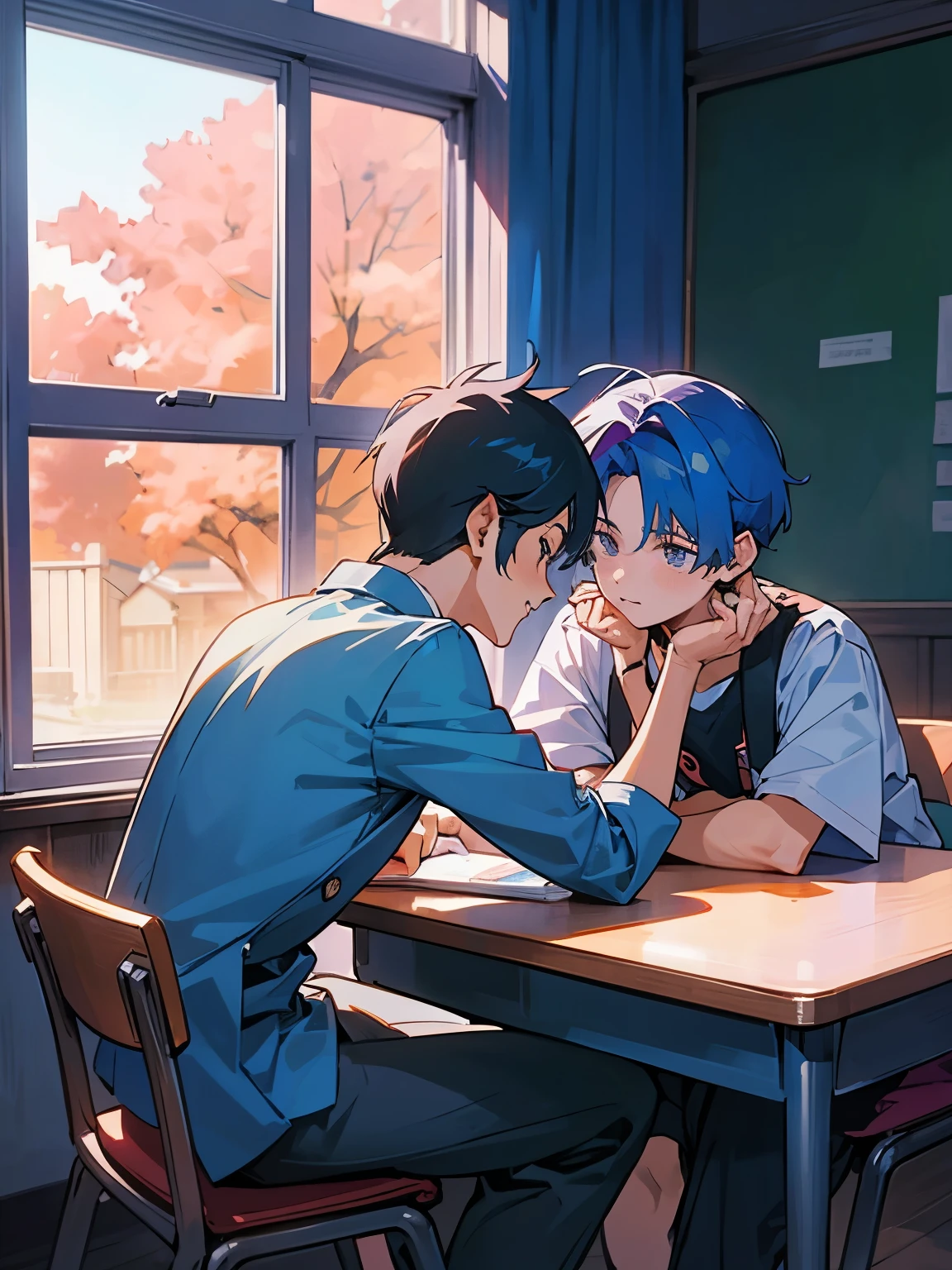 cartoon of two boys sitting at a table with a book and a backpack, ddlc, in the art style of 8 0 s anime, 9 0 s anime style, 90s anime style, in anime style, in an anime style, anime aesthetic, anime vibes, 9 0 s anime aesthetic, 9 0 s anime art style, lofi boy, typical anime classroom, beautiful background window, two cute boys, beautiful faces, two boys 