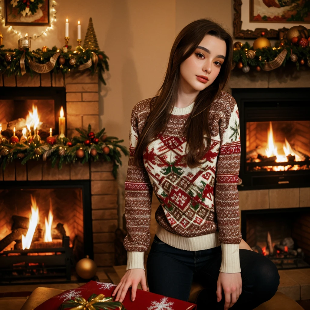 tarankaaa, 1girl brown hair, wearing christmas sweater, christmas decoration in background, lit fireplace in background
