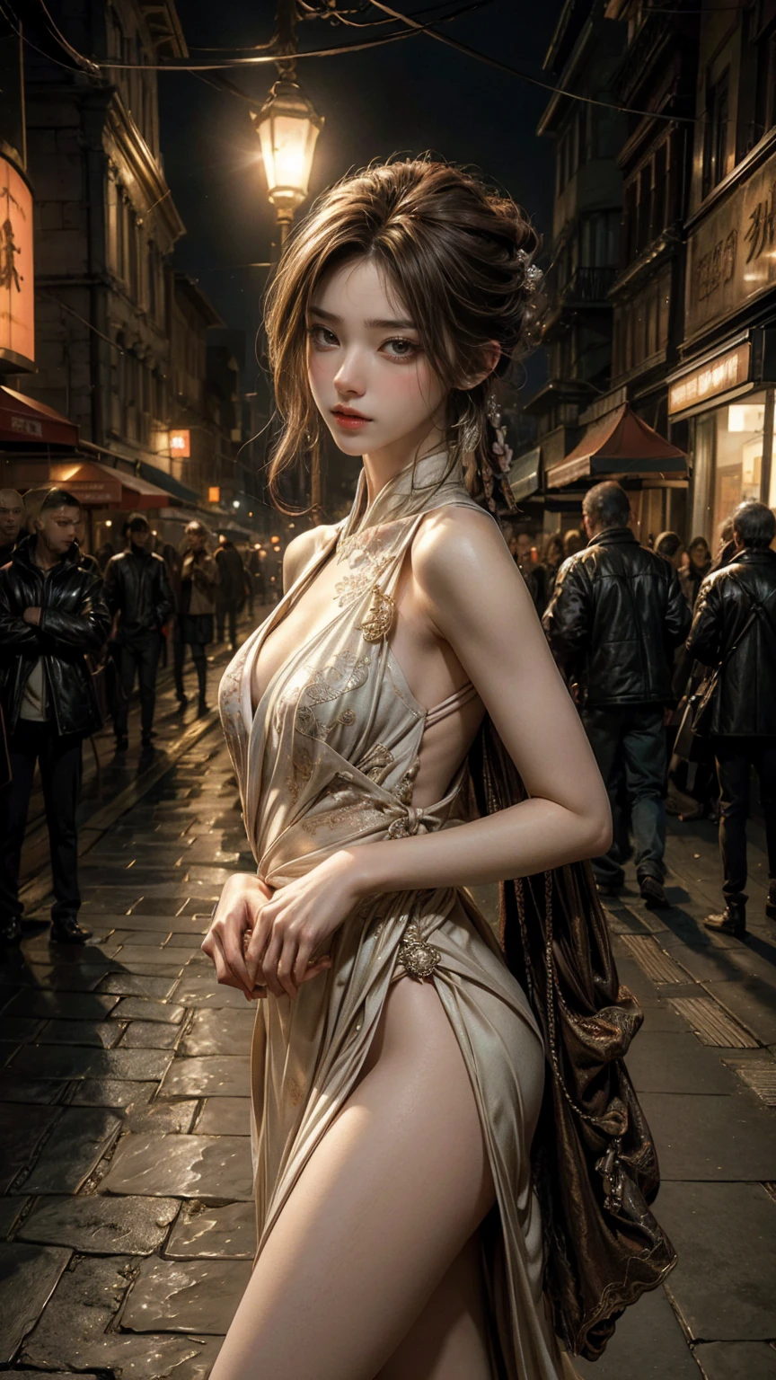 dim orange moonlighting,dim orange neonlighting,night,A beautiful woman wearing  on the bustling streets of Gintama, surrounded by vendors, beautiful portrait of a stunning goddess girl, beautiful detailed face, porcelain skin, full body shot, centered, ultra soft lighting, symmetry, intricate, elegant, highly detailed, photorealistic, artstation, concept art, smooth, as imagined by greg rutkowski and borris vallejo, cover, vogue style