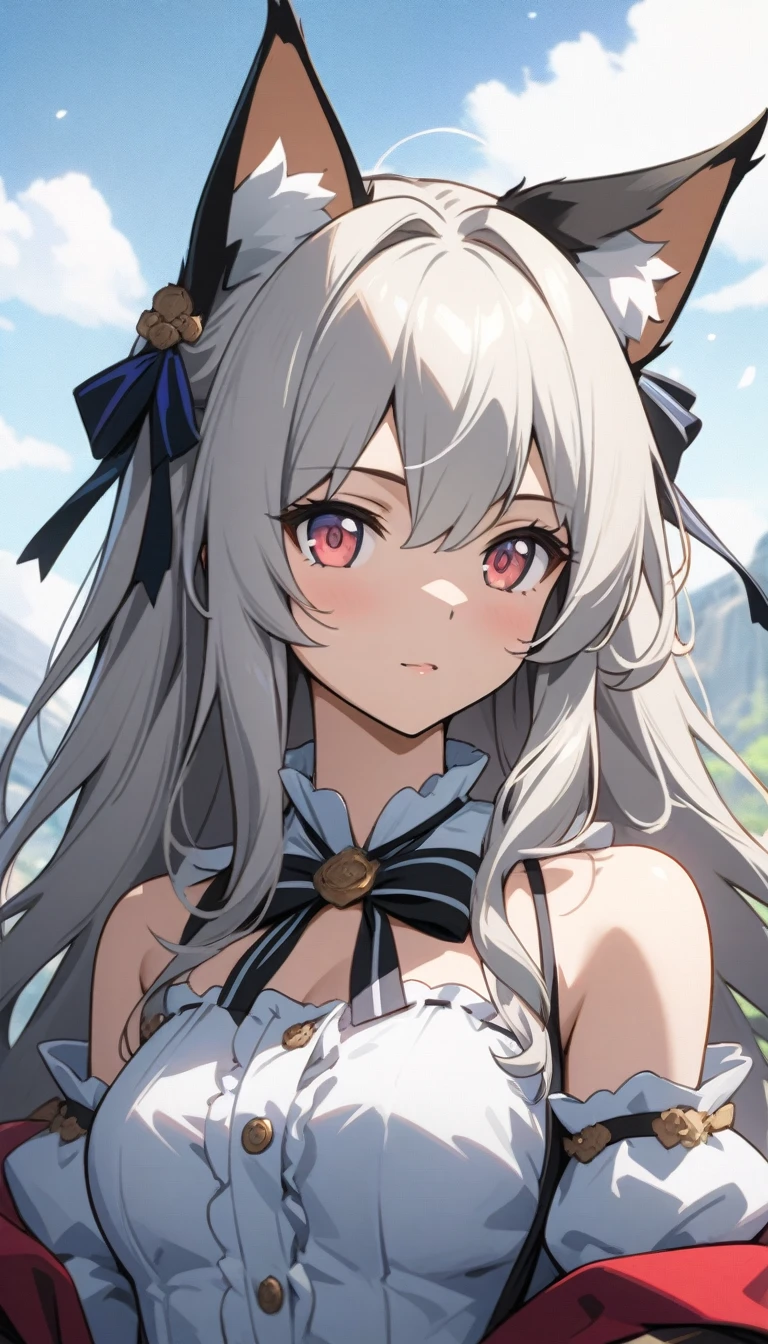 Masterpiece, bestquality, highres, highquality,anime girl with long hair and a cat ears and a bow, an anime drawing by Shitao, pixiv, rococo, detailed digital anime art, detailed anime artwork, beautiful anime girl, kantai collection style, from arknights, top rated on pixiv, detailed portrait of anime girl, detailed anime art, anime girl, portrait anime girl
