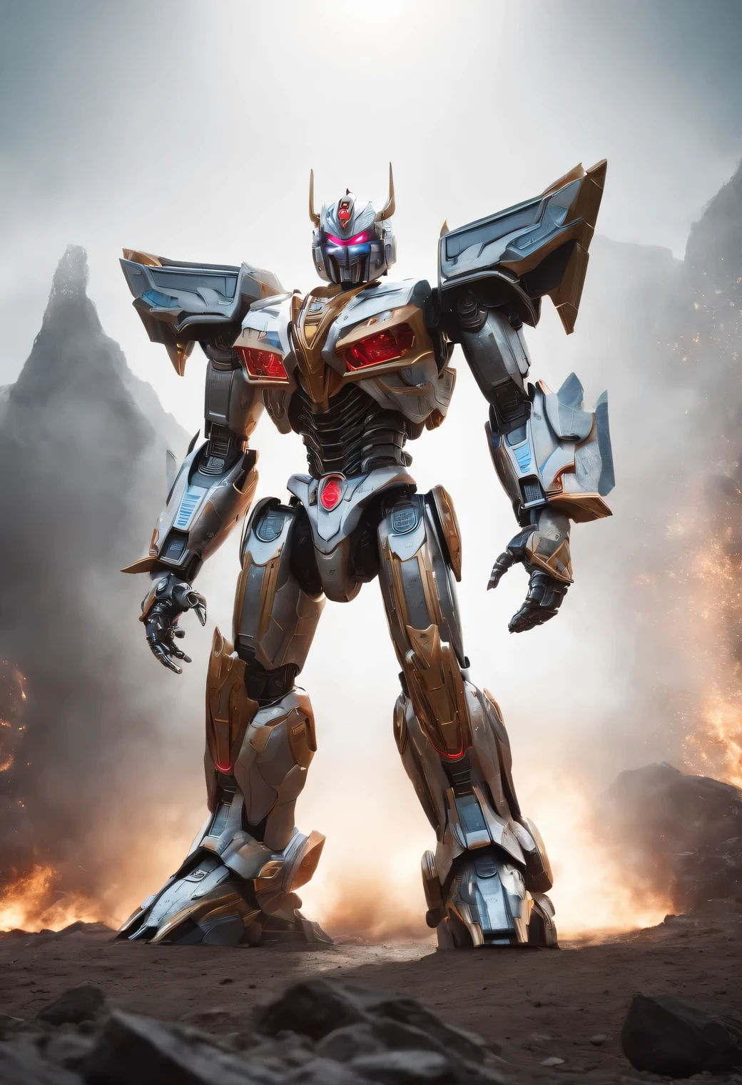 (best quality,highres,masterpiece:1.2),ultra-detailed,realistic:1.37,powerful Megazord transformation sequence,3D rendering,sci-fi,mecha,motion blur,explosive sparks,dynamic poses,glowing energy,metallic armor,intricate mechanical parts,lasers and beams,futuristic cityscape,dramatic lighting,heroic stance,vivid colors, symmetrical creepy ghost , made of glass, in complex background, art exe, high saturation, ray tracing, (symmetry art), white background, studio lighting