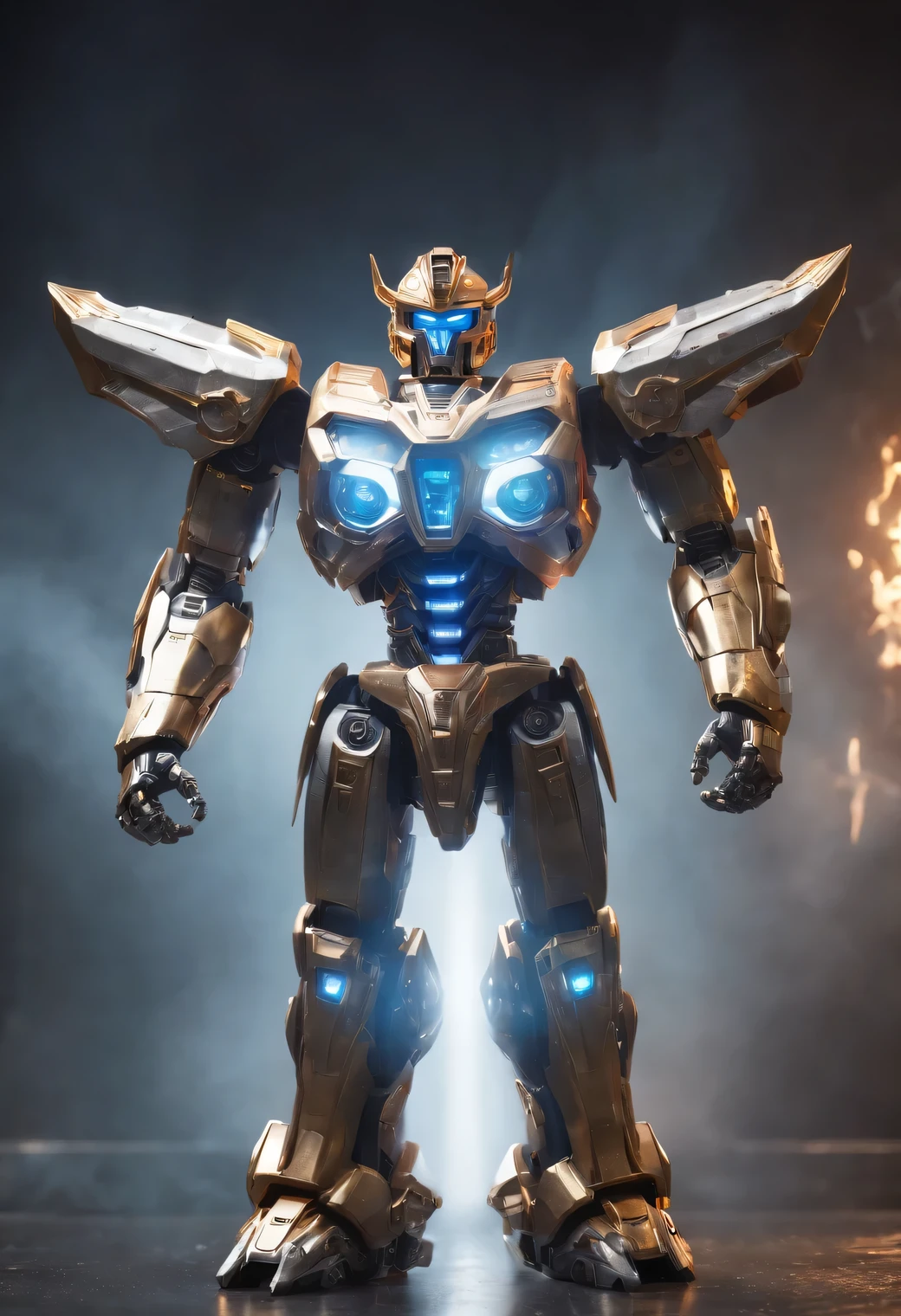 (best quality,highres,masterpiece:1.2),ultra-detailed,realistic:1.37,powerful Megazord transformation sequence,3D rendering,sci-fi,mecha,motion blur,explosive sparks,dynamic poses,glowing energy,metallic armor,intricate mechanical parts,lasers and beams,futuristic cityscape,dramatic lighting,heroic stance,vivid colors, symmetrical creepy ghost , made of glass, in complex background, art exe, high saturation, ray tracing, (symmetry art), white background, studio lighting