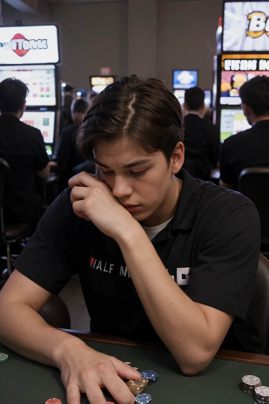 Realistically depict a high school boy holding his head after losing all his money through internet gambling.