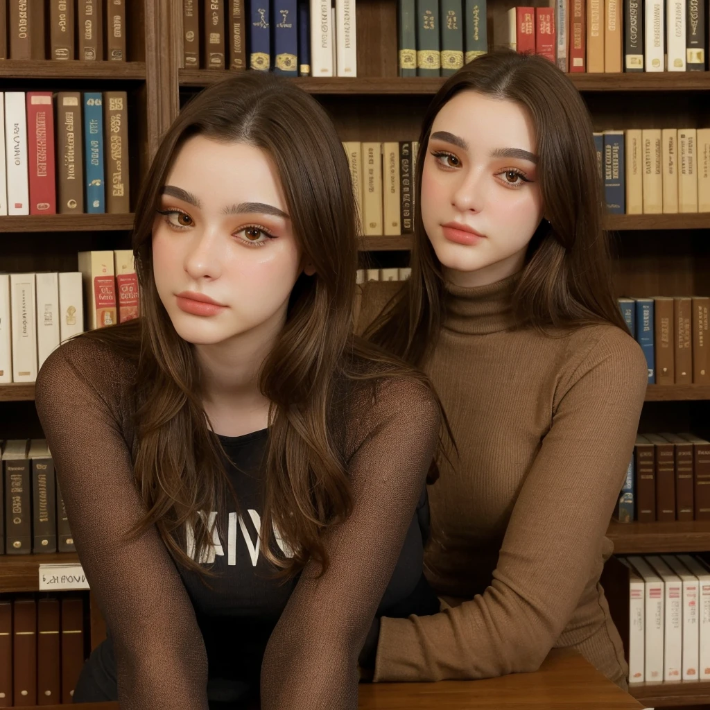 tarankaaa, 1girl brown hair, library in background, a bookshelf in background