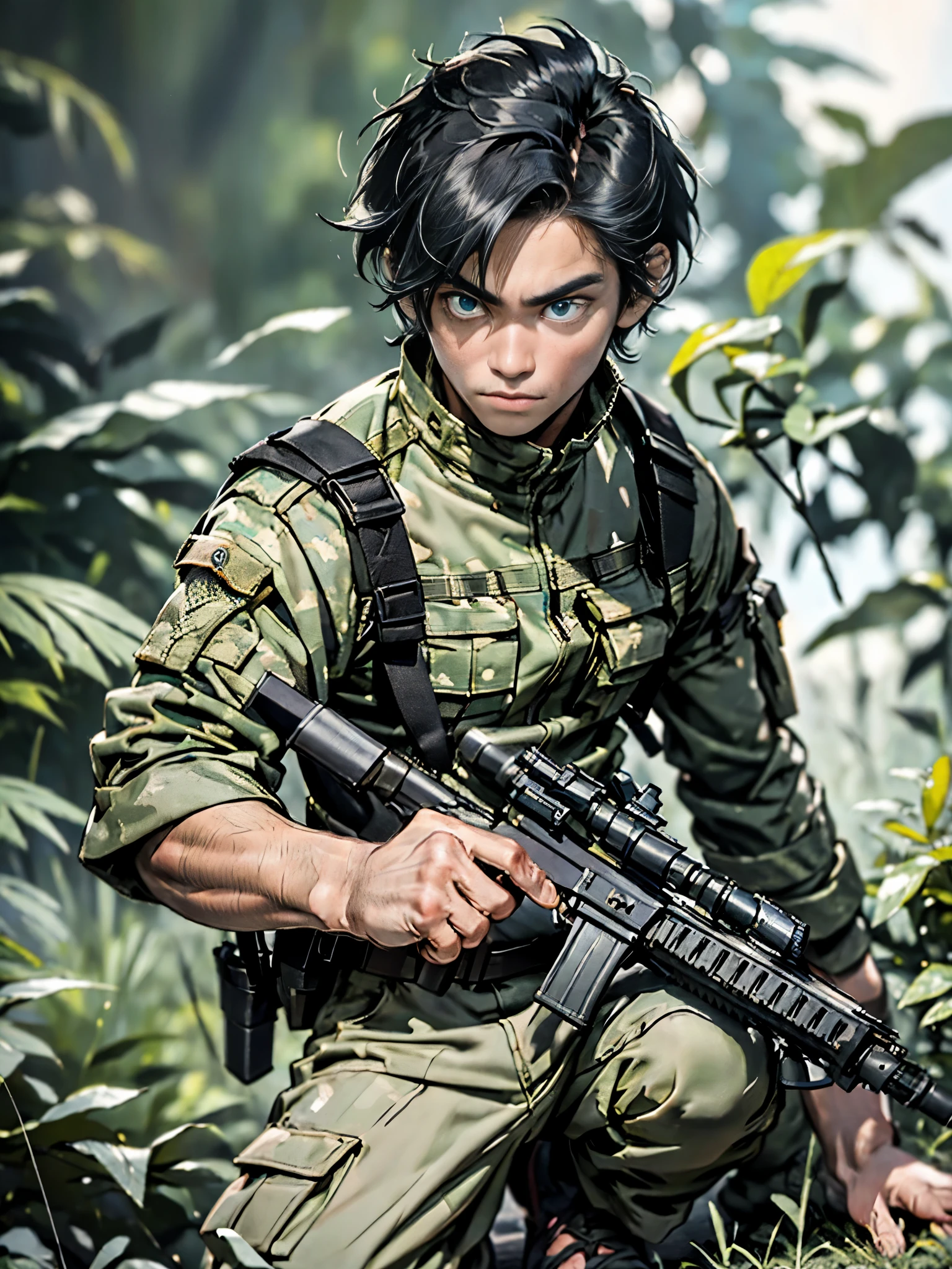 1boy, male focus, solo, solo focus, black hair, aquamarine eyes, monkey human hybrid, mercenary, (holding weapon with right hand, assault rifle), crouching position, jungle backdrop, war zone