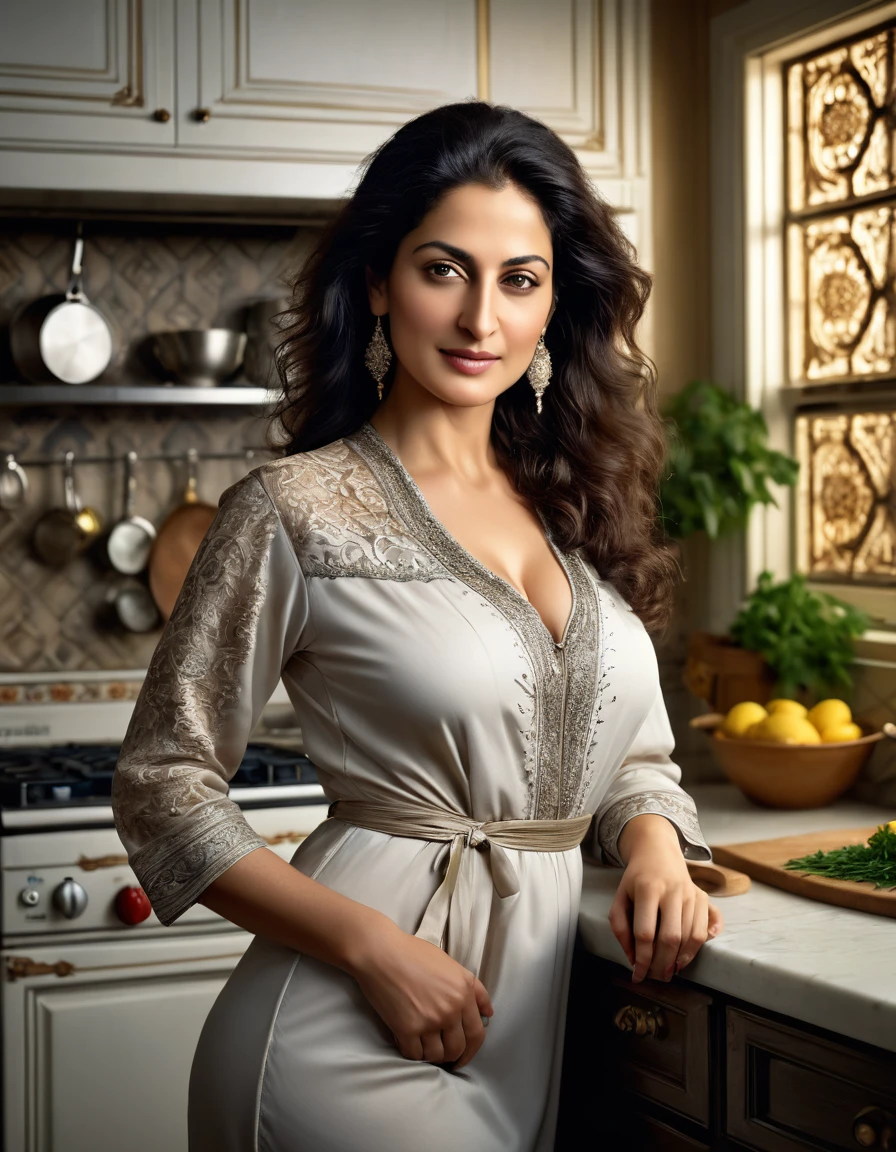 A beautiful, revealing, appealing, attractive, amative, gorgeous, alluring, passionate Middle East Woman in the kitchen. 32 years old. BMI 29. P Cup. In Modern Casual Fashion Dress. Insanely detailed and intricate, ornate, hyper-realistic photograph, super detailed, high resolution, full color, 4K, 8K high Definition. Annie Leibovitz’s photograph 35mm, f1.4, Canon R6 Mark II