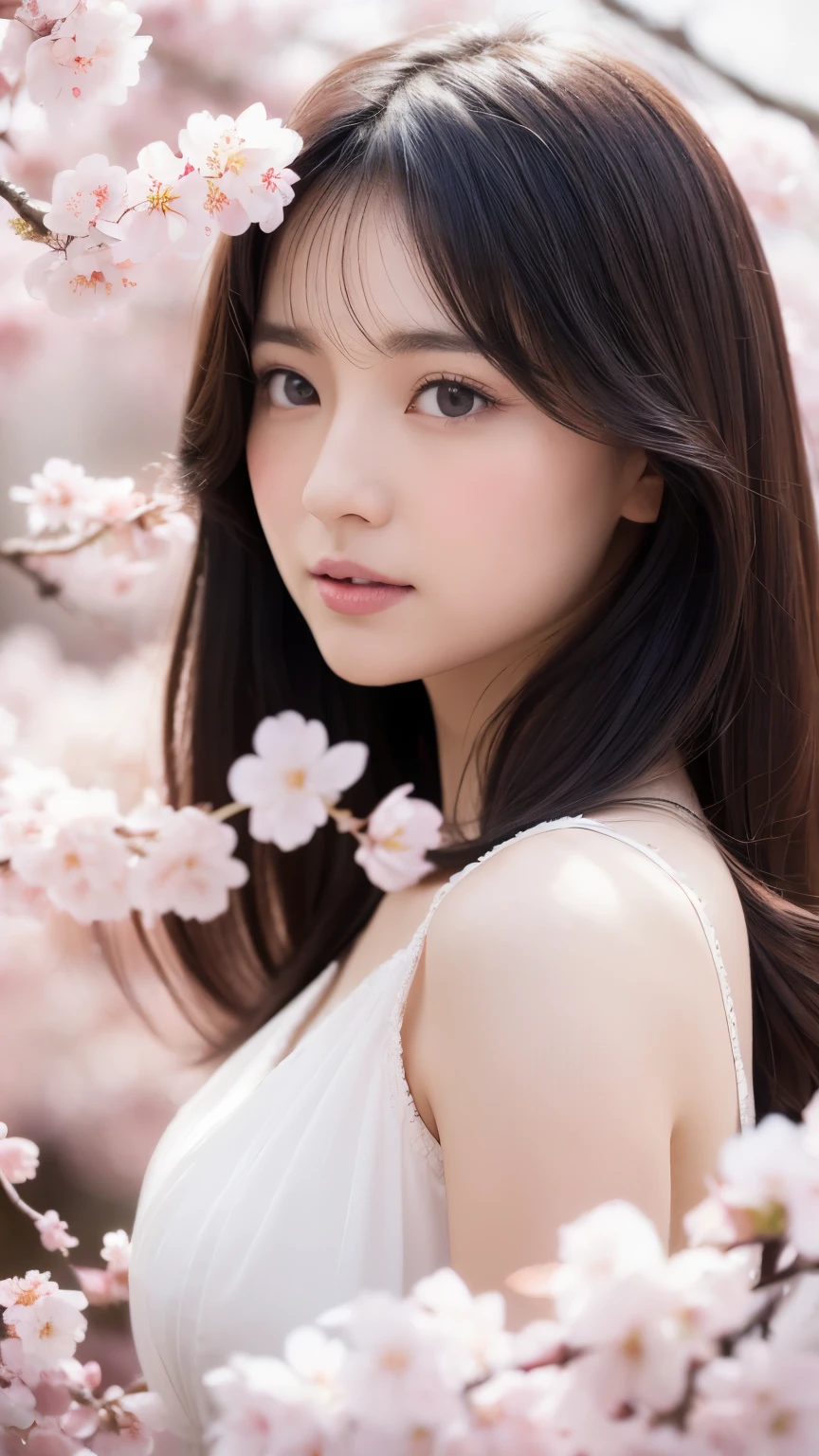 (A logo、​masterpiece、8K、masutepiece、Raw photo、Fantastic、Best Quality、Photorealistic and ighly detailed CG integrated 8k wallpaper、hightquality、ighly detailed、epic poem、Particle effect、Dynamic effects、depth of fields、Cinematic Light、Lens Flare、Ray tracing)、Fantasia、 (Beauty 1 person、doress、Dress、Cherry blossom pattern、A dark-haired、Beautiful face、Real Face、beautiful details eyes beautiful skin)、my hair dances in the wind、Hair flutters in the wind、Hair jumps、Pink cherry blossom tree、Petals flutter、Sakura blizzard、Superb view、morning glow、Sun in the background、the wind、
