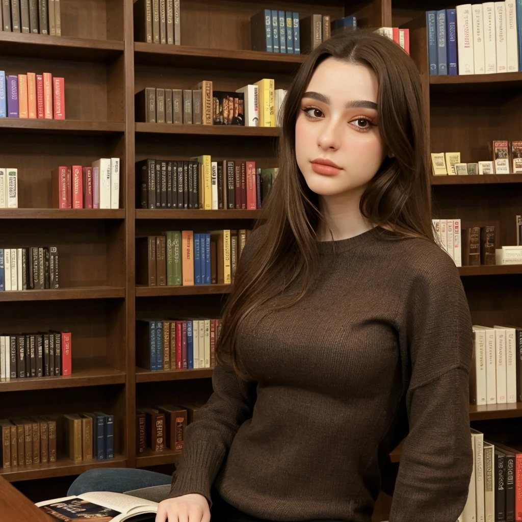 tarankaaa, 1girl brown hair, library in background, a bookshelf in background