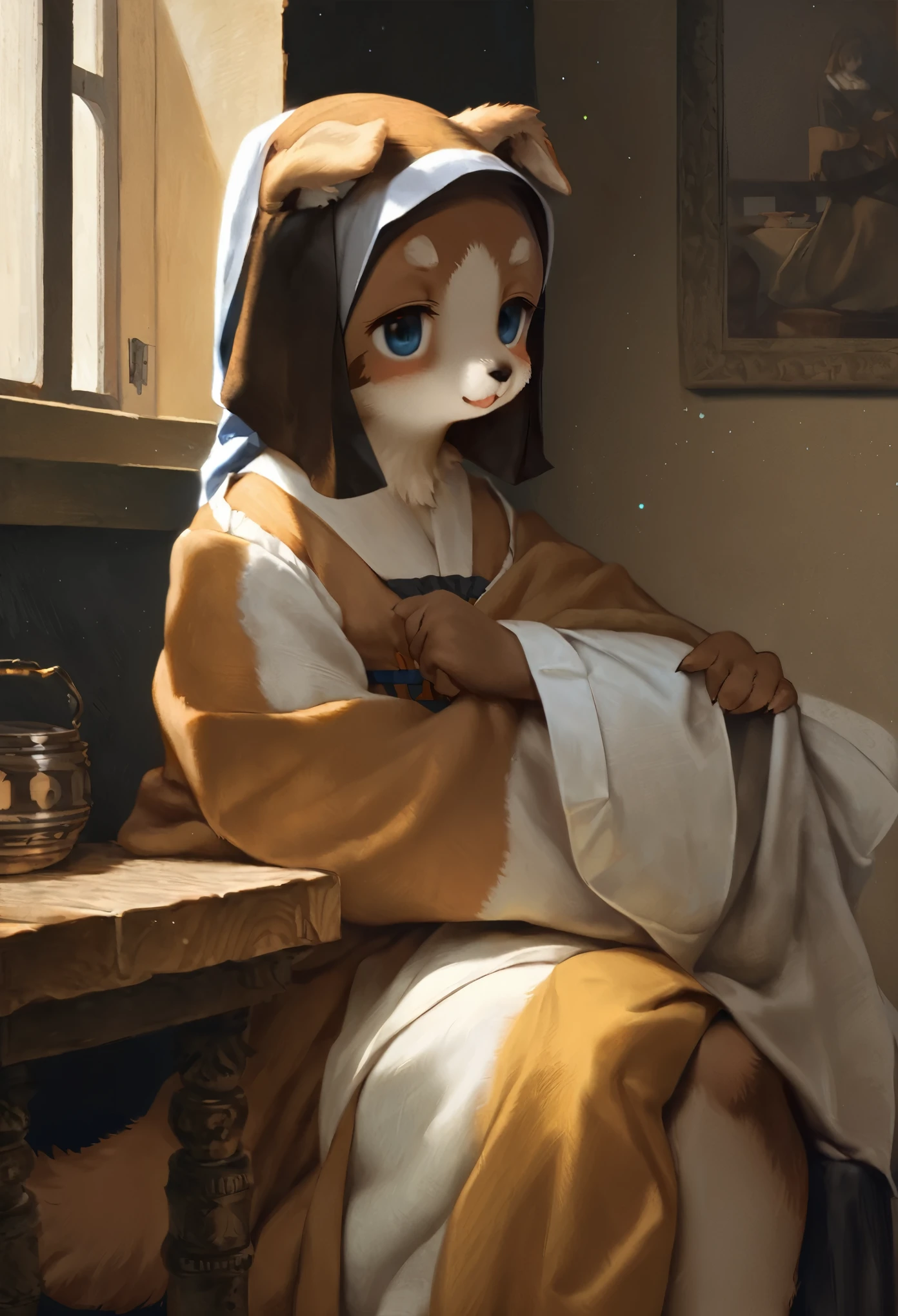 highres, top quality, best quality, paid reward available, High-quality illustrations by Johannes Vermeer, unparalleled masterpiece, perfect artwork, absurdres, perfect anatomy(highly detailed beautiful face and eyes)(angelic cute 1girl, kemono, solo focus)(furry)(furry anthro:1.7)(Furry body, dog facial features, dog body features)(very detailed body fur)full body, dynamic pose,