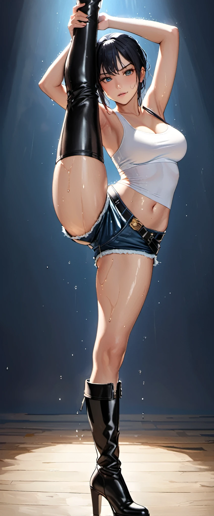 High resolution, woman , good lighting, despicable, 1girl,standing_split,solo, (No nudity), (jean shorts), (white sports bra), (leather thigh high boots), abdomen only, (wet shorts), , cute face, (black hair)