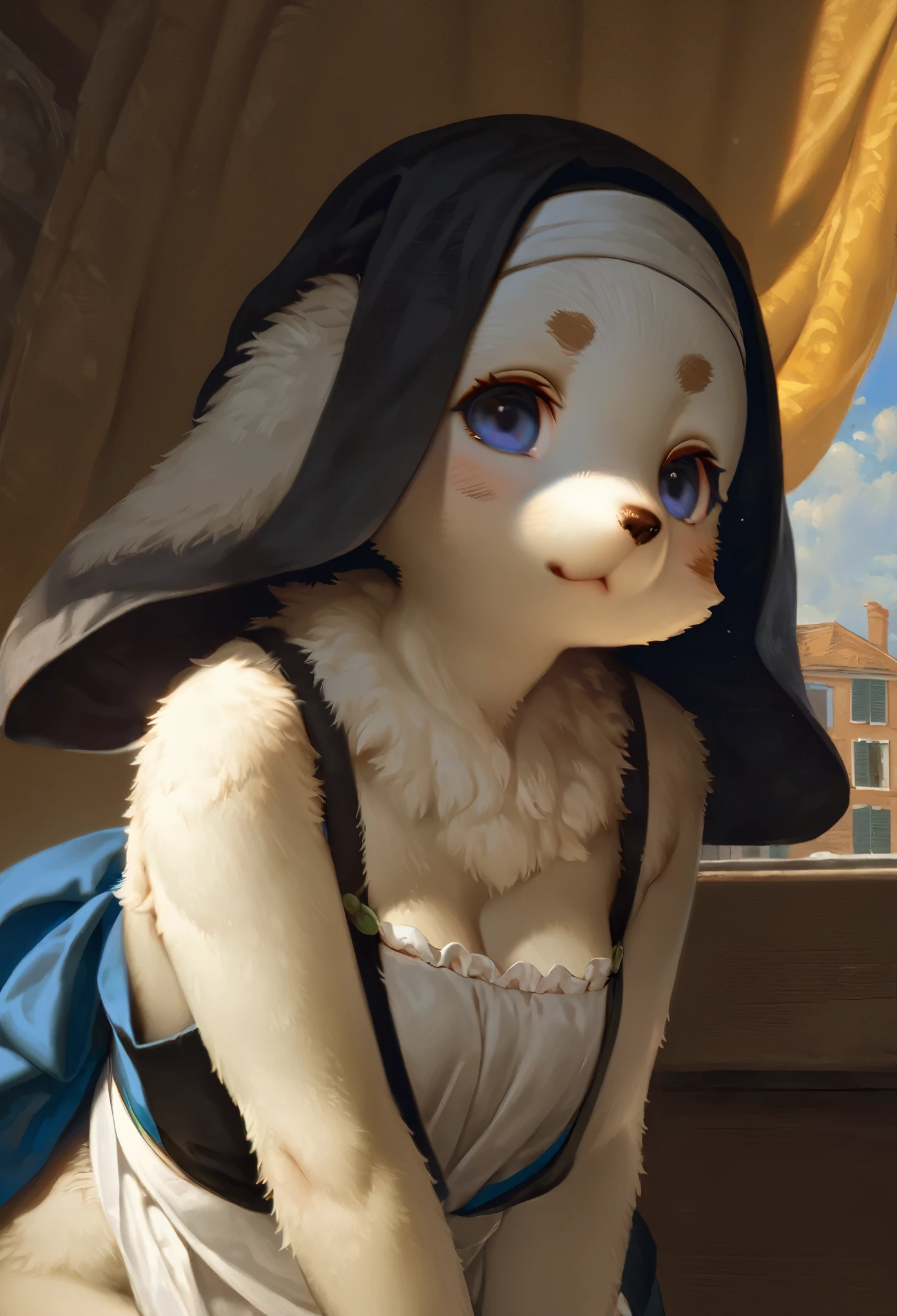 highres, top quality, best quality, paid reward available, High-quality illustrations by Johannes Vermeer, unparalleled masterpiece, perfect artwork, absurdres, perfect anatomy(highly detailed beautiful face and eyes)(angelic cute 1girl, kemono, solo focus)(furry)(furry anthro:1.7)(Furry body, dog facial features, dog body features)(very detailed body fur)full body, dynamic pose,