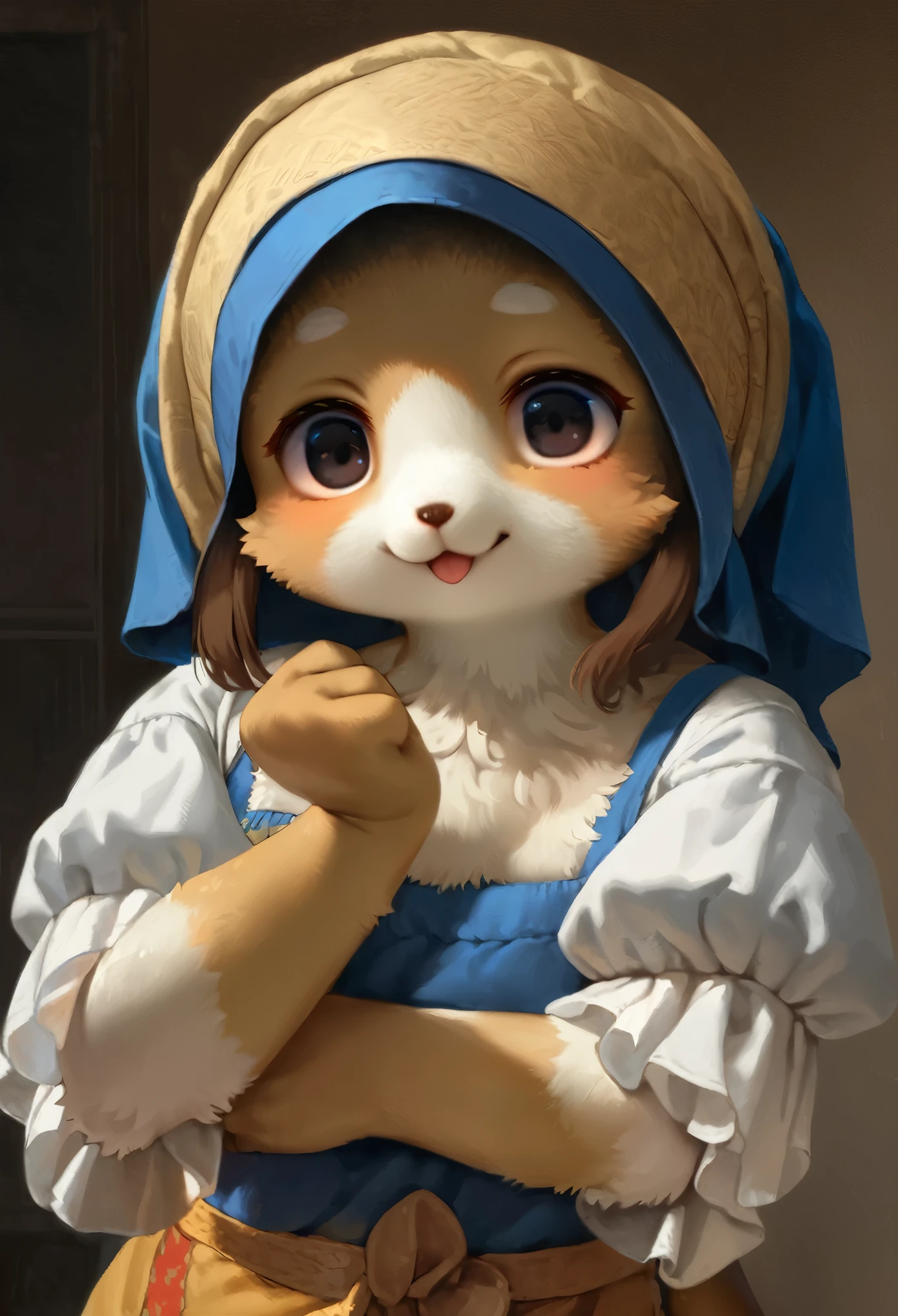 highres, top quality, best quality, paid reward available, High-quality illustrations by Johannes Vermeer, unparalleled masterpiece, perfect artwork, absurdres, perfect anatomy(highly detailed beautiful face and eyes)(angelic cute 1girl, kemono, solo focus)(furry)(furry anthro:1.7)(Furry body, dog facial features, dog body features)(very detailed body fur)full body, dynamic pose,