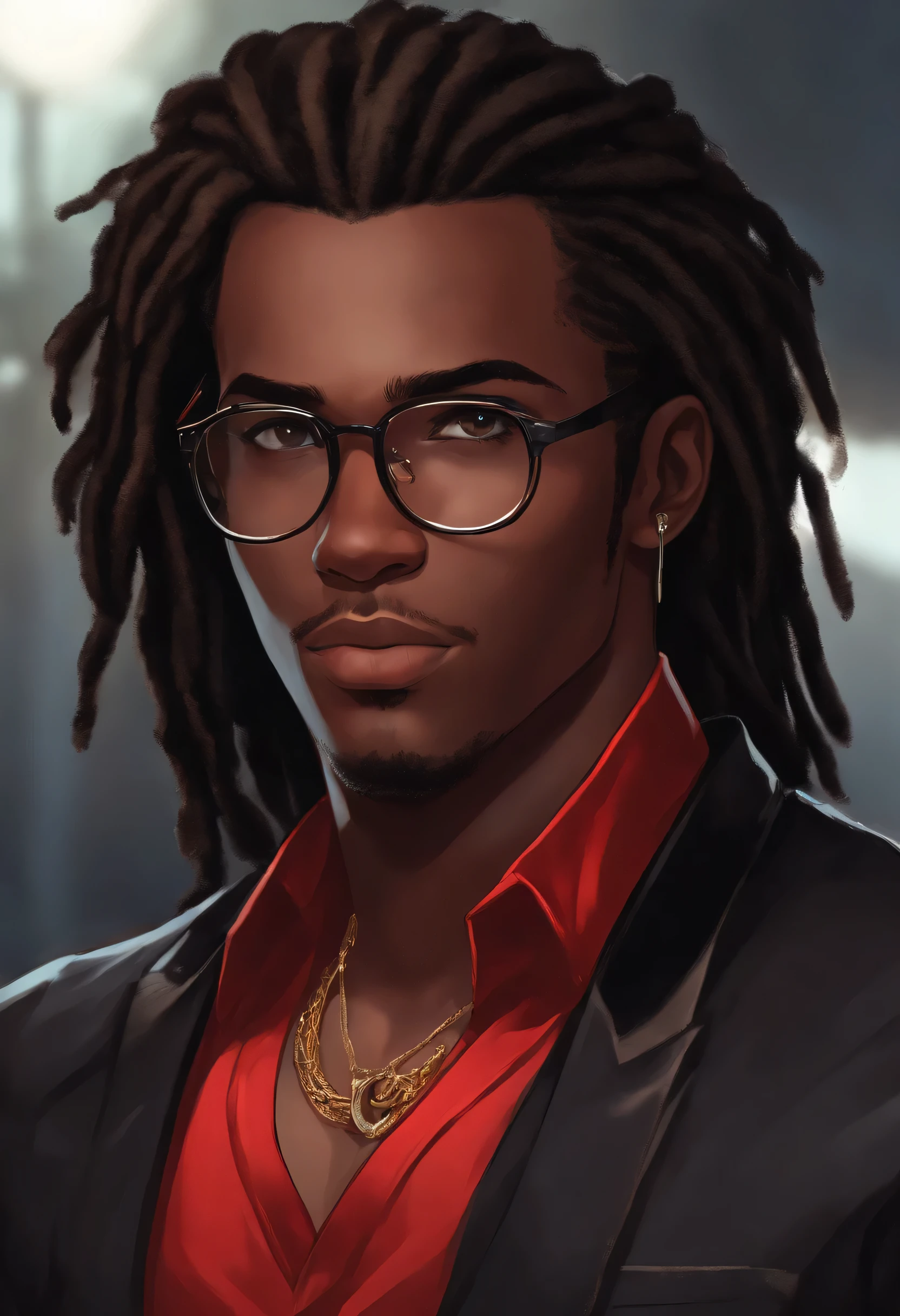 Dark skinned young man with brown eyes and a red jacket, black dreadlocks, dreadlock style hair, stubble beard, wearing black nerd glasses in an anime style, colored sketch, unrealistic character concept, character concept portrait of me, detailed character portrait, anime style character, anime style portrait, a character portrait, cel - shaded art style, His attire consists of a red, unbuttoned blazer with black colored buttons on the front of the blazer and on the bottom of his sleeves and he wears a black v-neck shirt, black pants, a large black belt with a gold buckle, a smaller black belt that hangs loose on the side of his hip, and has on black shoes with black buckles.