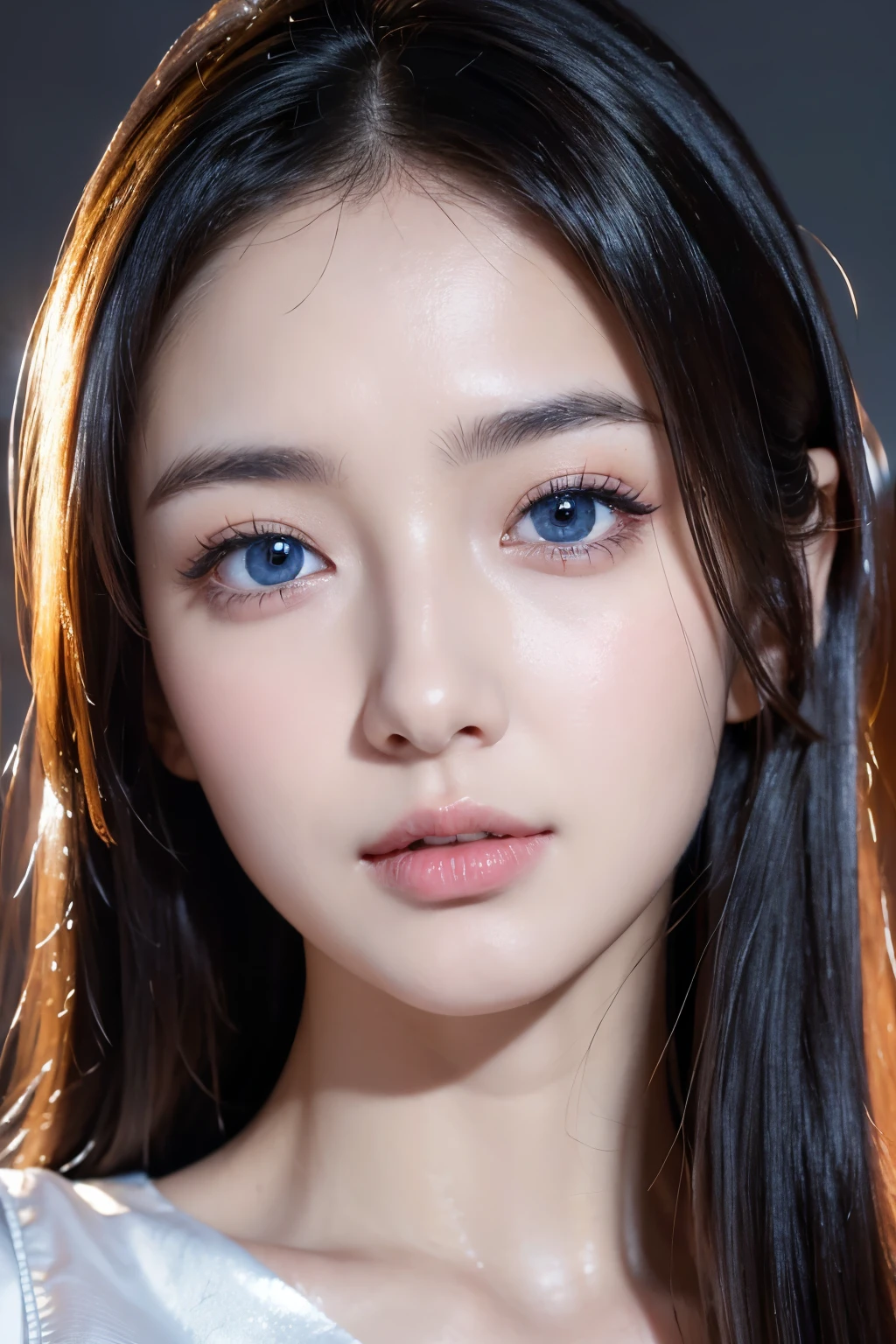 8k、high resolution、maid outfit fashion、Beautiful girl、android body、young、White skin,、narrow eyes,high nose,Light that brightens the face、clear image、intellectual beauty、thin、what kind of makeup is this?、anxious expression、Light that brightens the face,shiny hair、one eyelid,blue eyes