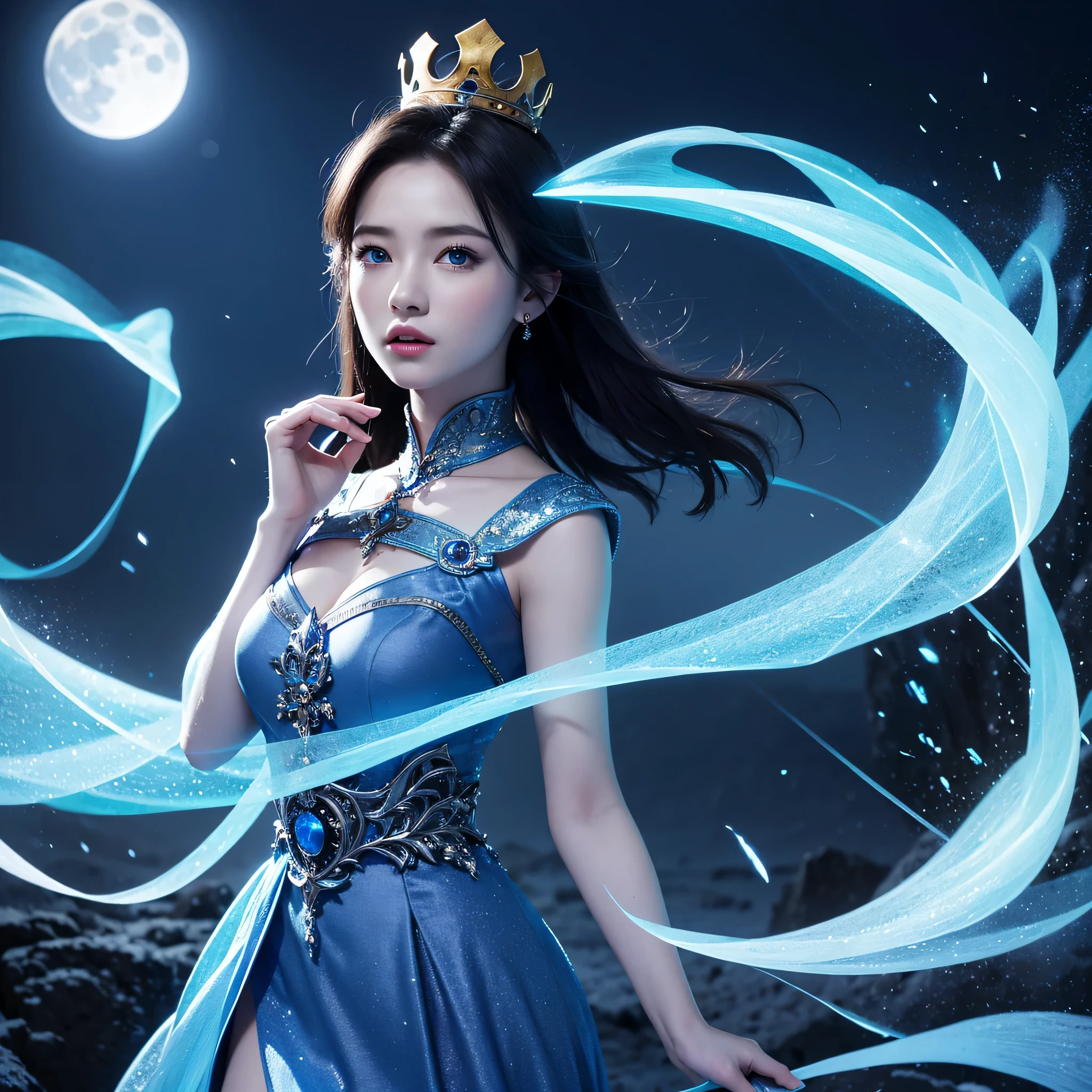 night, ((1 girl)), alone, masterpiece, 8k wallpaper, highres, absurdres, high quality background, short hair, black hair, multicolor hair, beautiful frozen village, (full bright moon), blue dress, detailed dress, jewelry dress, (magic:1.2), blue fire, blue eyes, glowing eyes, fire, ice goddess, (blue detailed beautiful crown), electricity, blue electricity, blue light particles