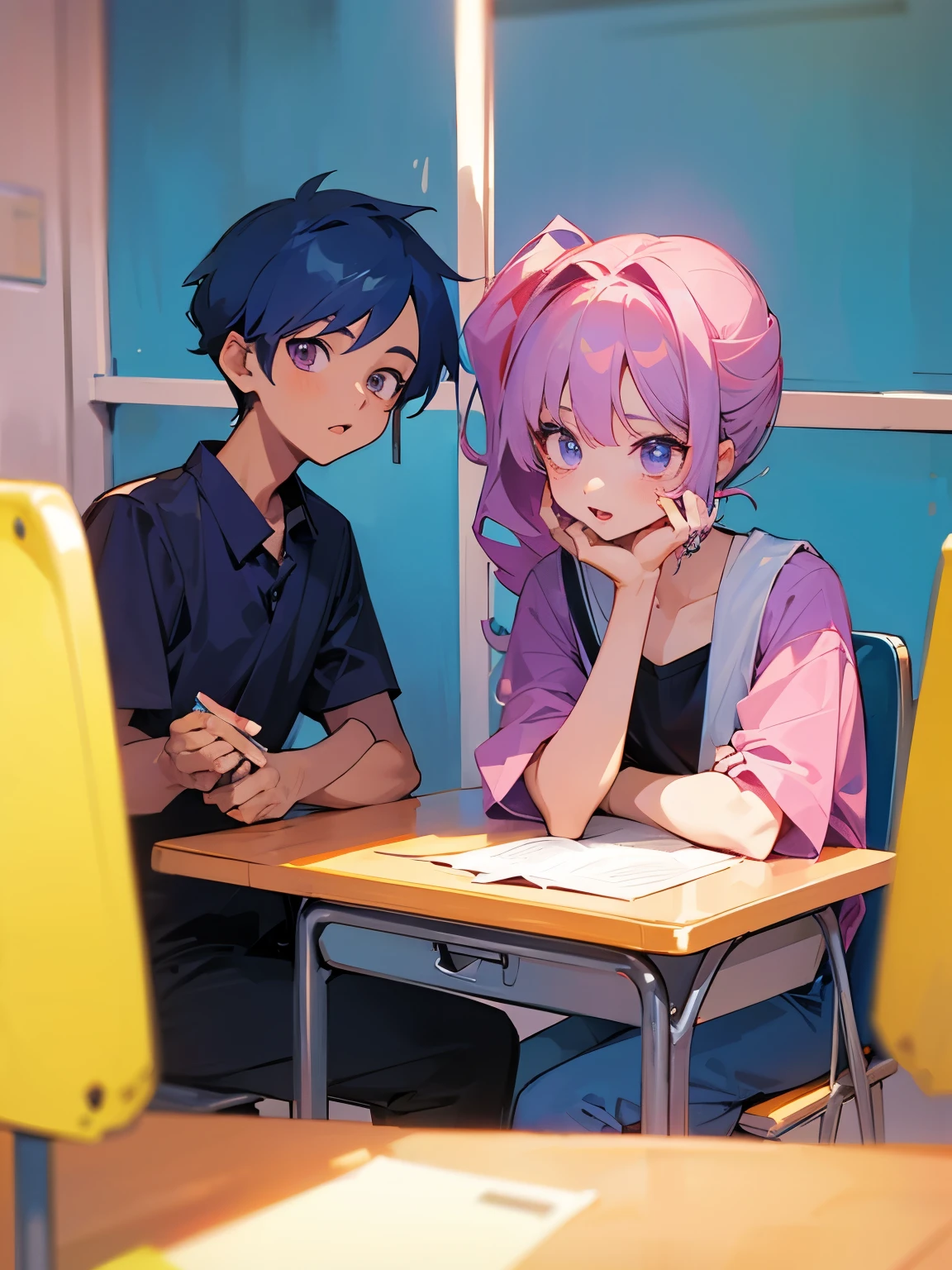 cartoon of two boys sitting at a table with a book and a backpack, ddlc, in the art style of 8 0 s anime, 9 0 s anime style, 90s anime style, in anime style, in an anime style, anime aesthetic, anime vibes, 9 0 s anime aesthetic, 9 0 s anime art style, lofi boy, typical anime classroom, beautiful background window, two cute boys, beautiful faces, two boys, no extra hand 