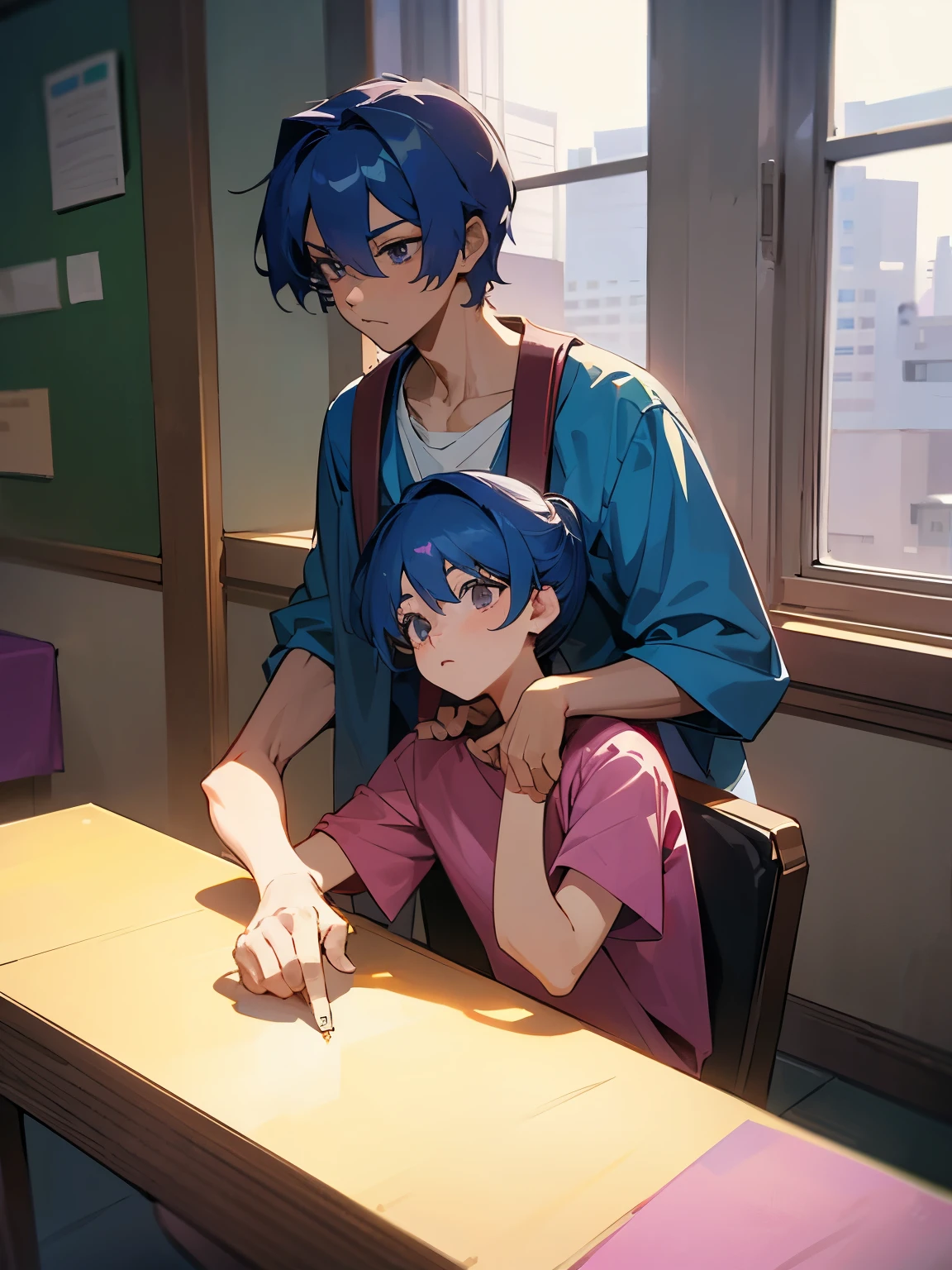 cartoon of two boys sitting at a table with a book and a backpack, ddlc, in the art style of 8 0 s anime, 9 0 s anime style, 90s anime style, in anime style, in an anime style, anime aesthetic, anime vibes, 9 0 s anime aesthetic, 9 0 s anime art style, lofi boy, typical anime classroom, beautiful background window, two cute boys, beautiful faces, two boys, no extra hand 