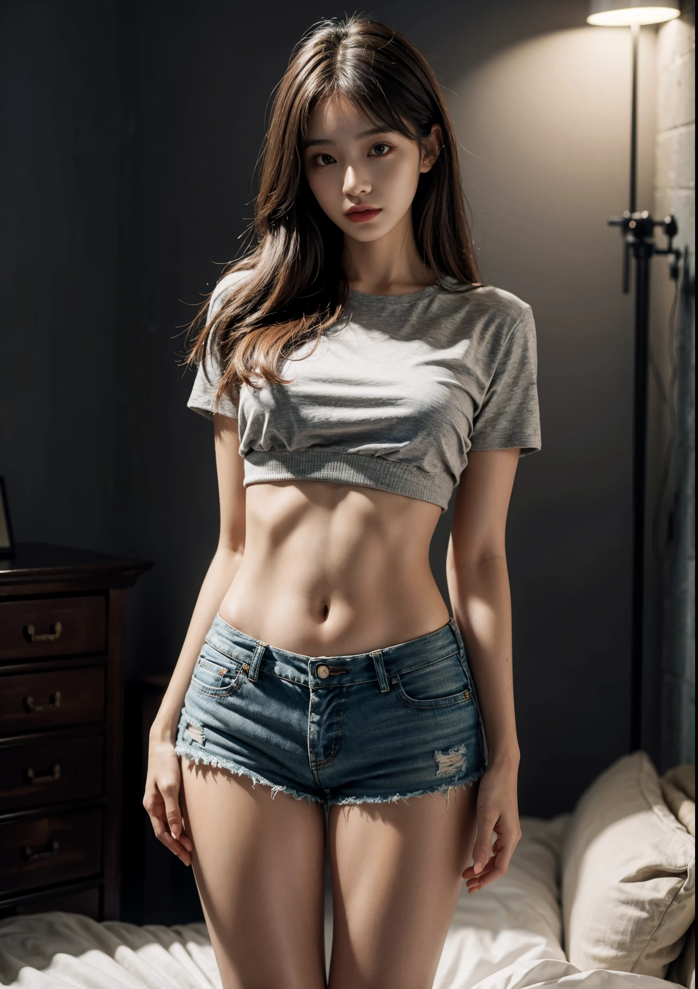 best quality， masterpiece， high resolution，8 thousand，（realistic으로：1.4），超high resolution，1 girl， very detailed， surrealism， very detailed CG 일러스트， official art， movie light， realistic， Young and beautiful girl， perfect body매， perfect body매， perfect selfie， perfect body， （Get started below：1.3）， 음란한 pose， long sexy legs， trust， Beautiful sexy， gray short sleeve， open the abdomen， Black super shorts， S-shaped body， flipped ass，pose를 취하는，pose，Diverse perspectives