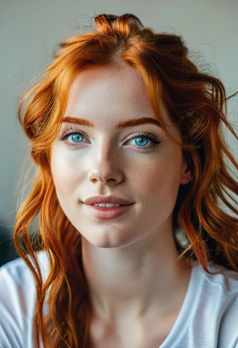 1 fille dans, 19 ans, seulement, Aesthetic work, rousse irlandaise, wavy red hair, cheveux roux mi-longs, Yeux bleu clair, yeux gris clair, quelques petites taches de rousseur, pale skin, gros seins, corps de gymnaste, gros cul, photo de tout le corps, peau imparfaite, chair de poule, faire la moue, high quality, high detail, sharpness,(natural light), (Attractive), t-shirt blanc, Realistic, ultra Realistic, photo Realistic, crazy details, intricate details, super detailed, Delicate face