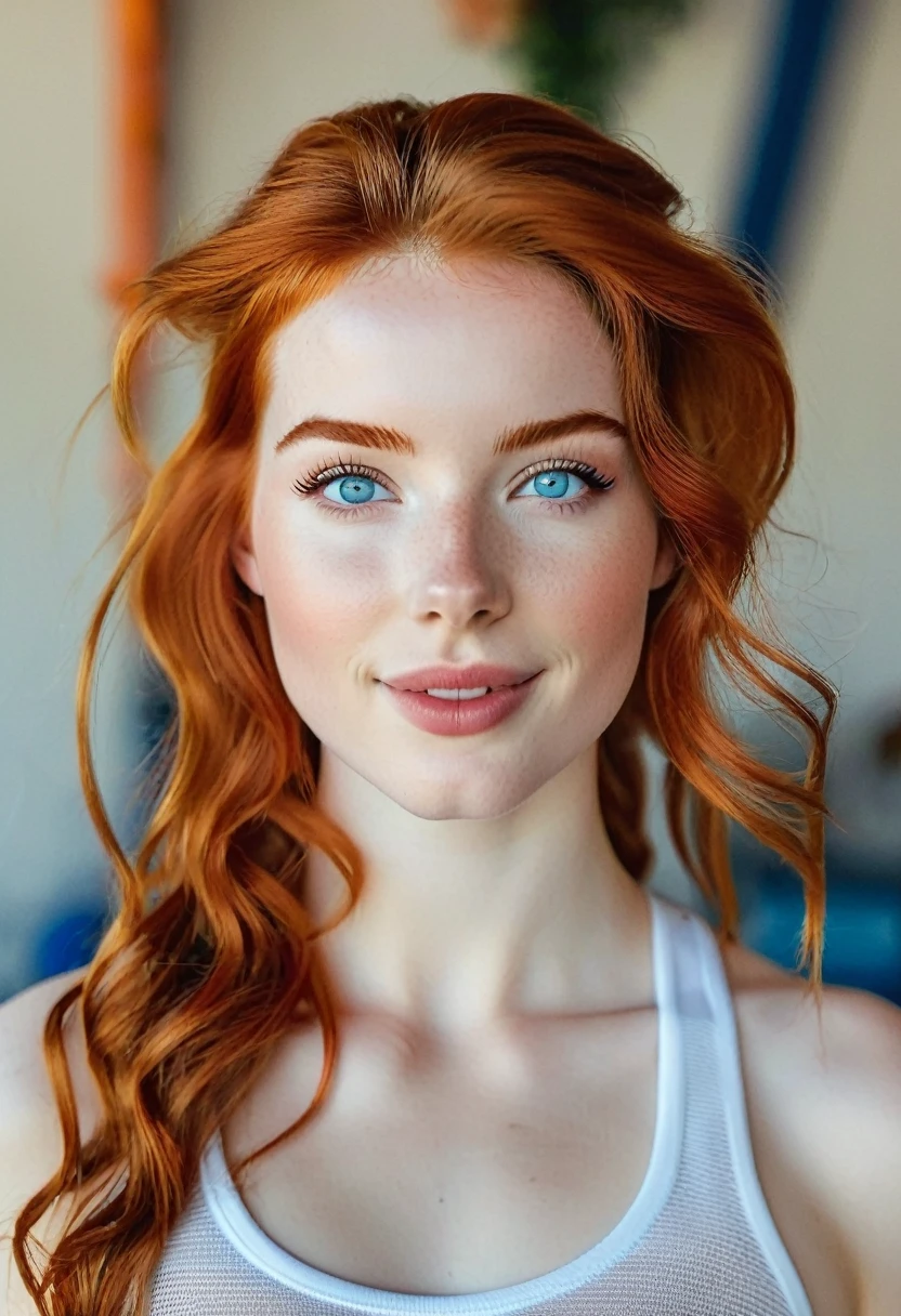 1 fille dans, 19 ans, seulement, Aesthetic work, rousse irlandaise, wavy red hair, cheveux roux mi-longs, Yeux bleu clair, yeux gris clair, quelques petites taches de rousseur, pale skin, gros seins, corps de gymnaste, gros cul, photo de tout le corps, peau imparfaite, chair de poule, faire la moue, high quality, high detail, sharpness,(natural light), (Attractive), t-shirt blanc, Realistic, ultra Realistic, photo Realistic, crazy details, intricate details, super detailed, Delicate face