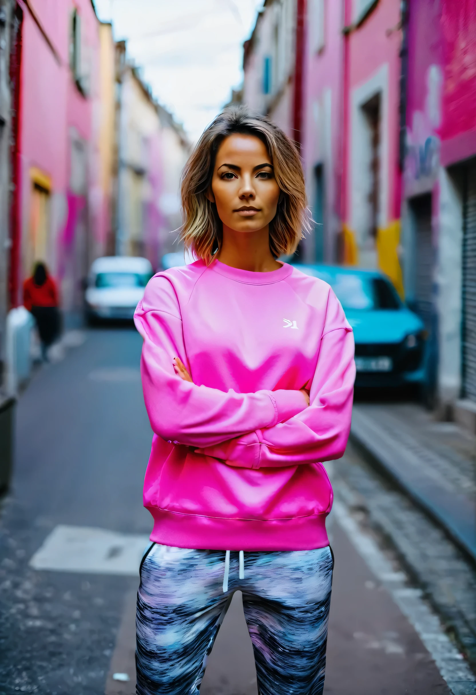 Femme, debout, arms crossed, fond de ville, casual outfit, sweat à blocs de couleurs, pantalon rose, serious expression, blurred background, milieu urbain, jour, Street Scene, jeune adulte, femelle, graffiti, ciel couvert, cheveux longs, maquillage naturel, Mode, orientation portrait, mise au point douce, vêtement de rue., Fujifilm XT3, Canon R5, Fujicolor Fujichrome Velvia 100
