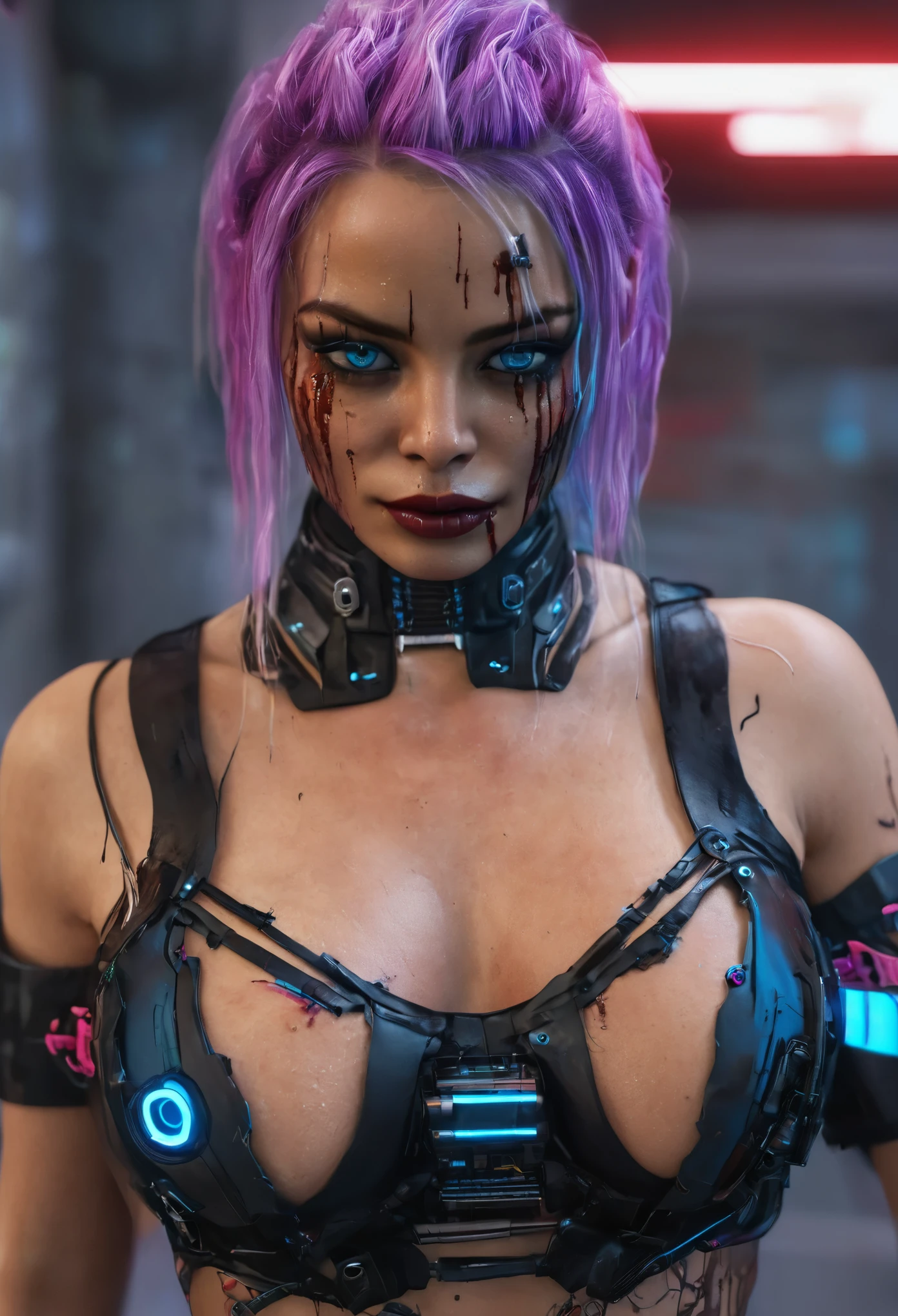 1 black girl, half robotic face, solo_focus, looking at viewer,black girl, long hair, breasts, looking at viewer, blue purple eyes, large breasts,robot green ligerie neon bra. blue braids hair, navel, cleavage, bare shoulders, standing ourole eyes, lips, blood, realistic, zombie, cyberpunk,a woman with blood on her face and a bloody face, neon operator margot robbie, hyper-realistic cyberpunk style, cyberpunk horror style, wojtek fus, cyberpunk angry gorgeous goddess, cyberpunk art style, beautiful cyberpunk girl face, black girl .pretty margot robbie vampire, cyberpunk style , hyperrealistic, cyberpunk art ultrarealistic 8k, cyberpunk beautiful girl, cyberpunk dark fantasy, cyberpunk girl,thigh gap
