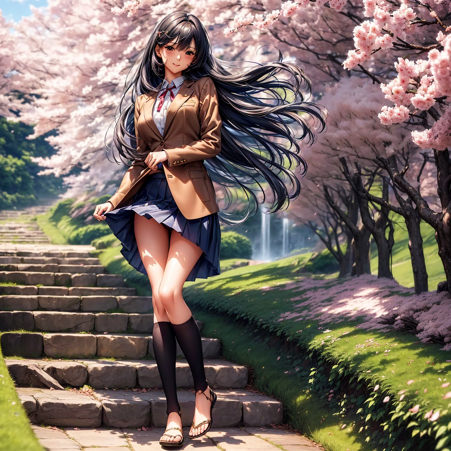 1 woman、long coat、In underwear、The front of the clothes is open、white bra、white panties、blush、organization、in the city、big breasts、A path lined with flourishing cherry blossom trees、angle from below、Knee-high boots