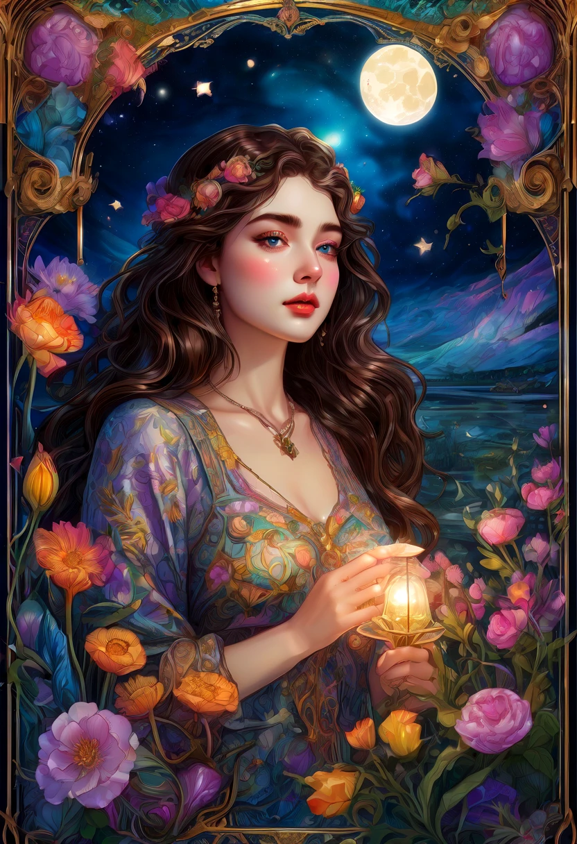 Tarot Cards, aesthetic, a girl reading tarot cards,smiling girl,beautiful detailed eyes,detailed lips,tarot cards,ancient tarot deck,illustrated tarot cards,vibrant colors,mystical atmosphere,magical garden,flowers blooming,moonlight,night sky,soft glow,artistic oil painting,highres image,(masterpiece:1.2),ultra-detailed,realistic,bokeh