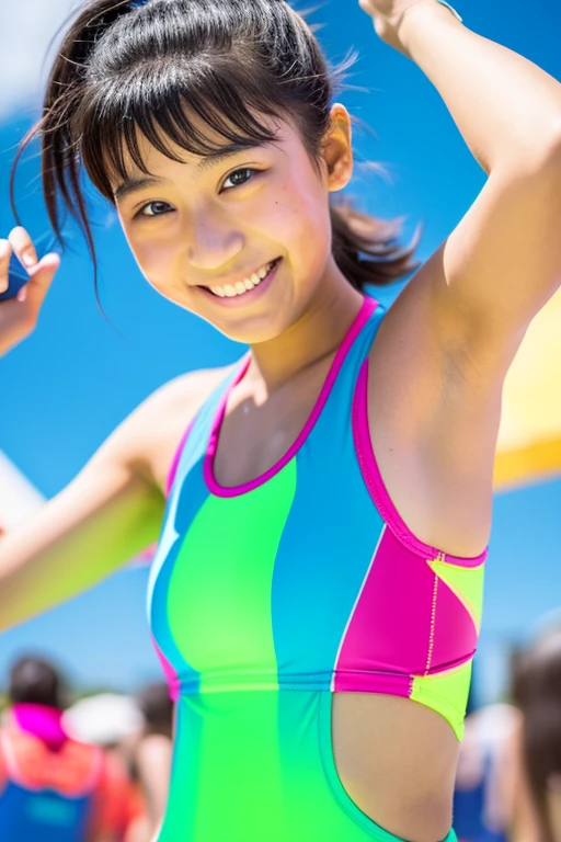 cute girl　Erotic　Tight neon colored sports swimsuit　smile　　abs　Beach Volleyball Club　show your armpits