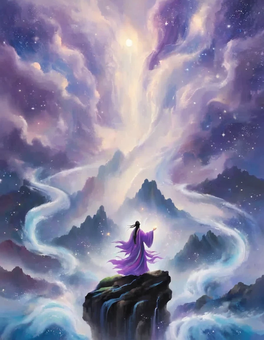 A man standing on a cliff,Surrounded by swirling currents of cosmic energy,Surrounded by a dreamy mist-shrouded landscape。The figure is wrapped in a flowing robe.,Integrate with the streamlines of heaven and earth。The sky is a tapestry of deep purples and blues,Dotted with stars,The landscape below suggests softness、Rolling mountains。The scene is serene and sublime,with an awe、brooding figures capture the majestic nature of the universe。From front and center to ghostly smoke, Transition from entity to ghost, Starry sky and clouds in the background, A wise, powerful and calm sense of the universe, glowing eyes, Rich and detailed, psychedelic style, fantasy style, movie style, dramatic style, style,