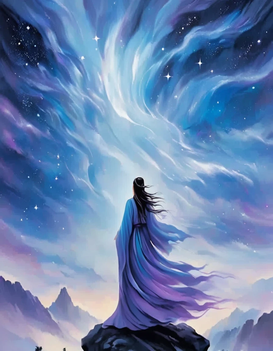 A woman standing on a cliff looking at the stars, Astral ethereal, fantastic numbers, ethereal essence, Ethereal fantasy, ethereal beauty, digital art fantasy, beautiful fantasy painting, beautiful fantasy art, stunning fantasy art, Inspired by Cyril Rolando, fantasy art style, softly swirling magical energy, fantasy digital painting, fantasy digital art,Surrounded by swirling currents of cosmic energy,Surrounded by a dreamy mist-shrouded landscape。The figure is wrapped in a flowing robe.,Integrate with the streamlines of heaven and earth。The sky is a tapestry of deep purples and blues,Dotted with stars,The landscape below suggests softness、Rolling mountains。The scene is serene and sublime,with an awe、brooding figures capture the majestic nature of the universe。From front and center to ghostly smoke, Transition from entity to ghost, Starry sky and clouds in the background, A wise, powerful and calm sense of the universe, glowing eyes, Rich and detailed, psychedelic style, fantasy style, movie style, dramatic style, style,