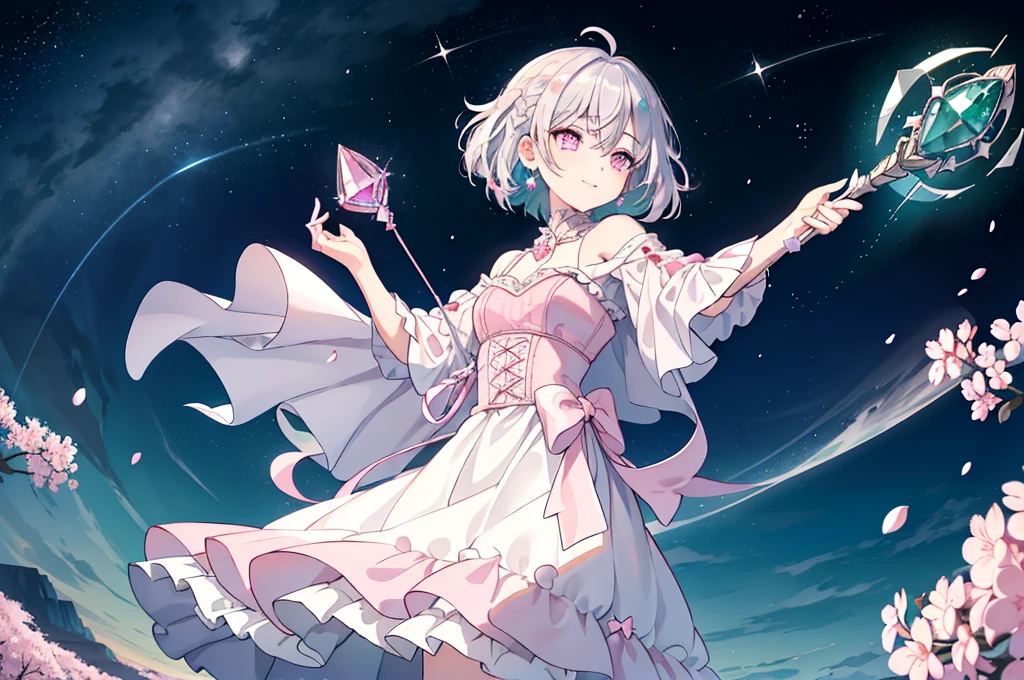 (best quality), (top-quality), (hight resolution), 8K images, (masterpiece), ((perfect face)), (detailed face), (detailed eyes), (clear lines), hair strand,Light skin, ((1girl)), (solo), beautiful fantasy anime, top rated on pixiv, ((short hair)), (expressive eyes), (perfect eyes), (((light_pink eyes))), perfect face, smiling, (white silver hair), (white hair), braided bangs, wind blowing hair, hair over eyes, earrings, {{{{{{{super flat chest}}}}}}}, {{{{{{{flat chest}}}}}}}, (flat chest), ((holding an magical ice scepter)), (aiming), (little silver tiara), (((emerald dress))),(lolita dress with cloak), (frilly outfit), (lolita style), (lolita fashion), (cherry blossom), (many crystals), vintage style, (broken crystals), (in a gemstone sea), (night sky with full of stars), (magic circles), game spash art, fantasy, modern art, cool light --ar 3:2, (wide shot), excited pose