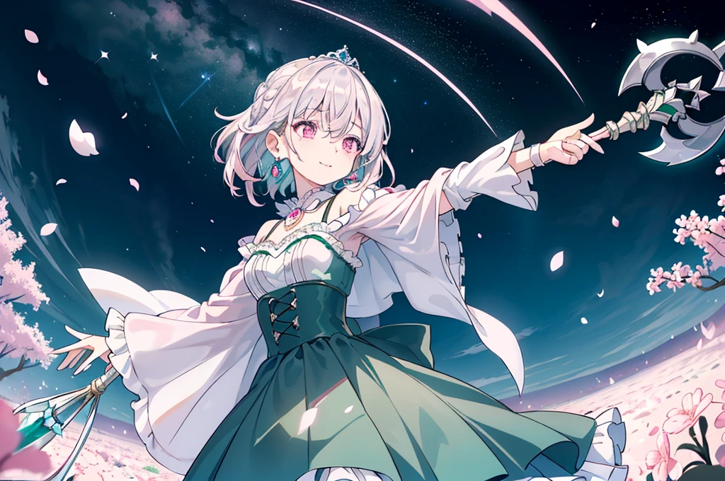 (best quality), (top-quality), (hight resolution), 8K images, (masterpiece), ((perfect face)), (detailed face), (detailed eyes), (clear lines), hair strand,Light skin, ((1girl)), (solo), beautiful fantasy anime, top rated on pixiv, ((short hair)), (expressive eyes), (perfect eyes), (((light_pink eyes))), perfect face, smiling, (white silver hair), (white hair), braided bangs, wind blowing hair, hair over eyes, earrings, {{{{{{{super flat chest}}}}}}}, {{{{{{{flat chest}}}}}}}, (flat chest), ((holding an magical ice scepter)), (aiming), (little silver tiara), (((emerald dress))),(ta dress with cloak), (frilly outfit), (lolityle), (lolita fon), (cherry blossom), (many crystals), vintage style, (broken crystals), (in a gemstone sea), (night sky with full of stars), (magic circles), game spash art, fantasy, modern art, cool light --ar 3:2, (wide shot), excited pose