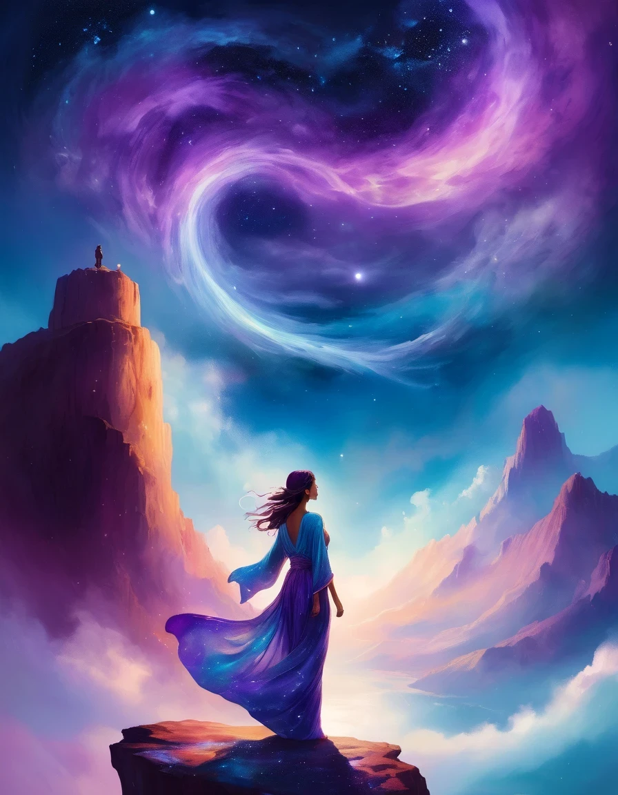 A woman standing on a cliff looking at the stars, Surrounded by swirling currents of cosmic energy，Surrounded by a dreamy mist-shrouded landscape。The figure is wrapped in a flowing robe.，Integrate with the streamlines of heaven and earth。The sky is a tapestry of deep purples and blues，Dotted with stars，The landscape below suggests softness、Rolling mountains，Astral ethereal, fantastic numbers, ethereal essence, Ethereal fantasy, ethereal beauty, digital art fantasy, beautiful fantasy painting, beautiful fantasy art, stunning fantasy art, Inspired by Cyril Rolando, fantasy art style, softly swirling magical energy, fantasy digital painting, fantasy digital art, ethereal realm, of Ethereal fantasy