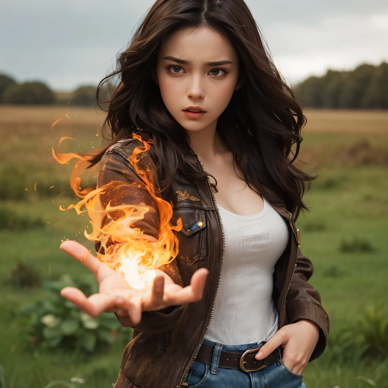 A beautiful twenty-year-old woman with dark brown hair, an angry expression, extending one palm forward with magical flames being produced in it. She is standing in a grassland, wearing blue jeans and a jacket.