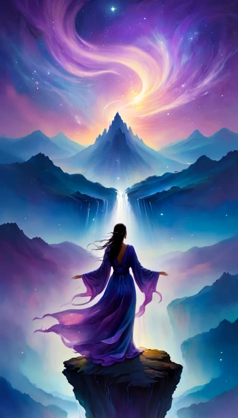 A beautiful woman stands on a cliff looking at the stars, （beautiful silhouette），Surrounded by swirling currents of cosmic energy，Surrounded by a dreamy mist-shrouded landscape。The figure is wrapped in a flowing robe.，Integrate with the streamlines of heaven and earth。The sky is a tapestry of deep purples and blues，Dotted with stars，The landscape below suggests softness、Rolling mountains，Astral ethereal, fantastic numbers, ethereal essence, Ethereal fantasy, ethereal beauty, digital art fantasy, beautiful fantasy painting, beautiful fantasy art, stunning fantasy art, Inspired by Cyril Rolando, fantasy art style, softly swirling magical energy, fantasy digital painting, fantasy digital art, ethereal realm, of Ethereal fantasy