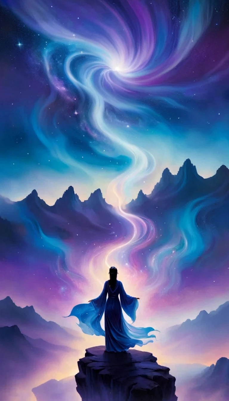 A beautiful woman stands on a cliff looking at the stars, （beautiful silhouette），Surrounded by swirling currents of cosmic energy，Surrounded by a dreamy mist-shrouded landscape。The figure is wrapped in a flowing robe.，Integrate with the streamlines of heaven and earth。The sky is a tapestry of deep purples and blues，Dotted with stars，The landscape below suggests softness、Rolling mountains，Astral ethereal, fantastic numbers, ethereal essence, Ethereal fantasy, ethereal beauty, digital art fantasy, beautiful fantasy painting, beautiful fantasy art, stunning fantasy art, Inspired by Cyril Rolando, fantasy art style, softly swirling magical energy, fantasy digital painting, fantasy digital art, ethereal realm, of Ethereal fantasy