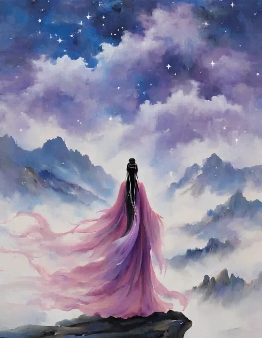 Back view of wise and affectionate woman in ancient costume standing on cliff, Surrounded by swirling currents of cosmic energy，Surrounded by a dreamy mist-shrouded landscape。The figure is wrapped in a flowing robe.，Integrate with the streamlines of heaven and earth。The sky is a tapestry of deep purples and blues，Dotted with stars，The landscape below suggests softness、Rolling mountains，Minimalist koan in the background, From front and center to ghostly smoke, Transition from entity to ghost, Starry sky and clouds in the background, A wise, powerful and calm sense of the universe, glowing eyes, Rich and detailed, psychedelic style, fantasy style, movie style, dramatic style, style, 