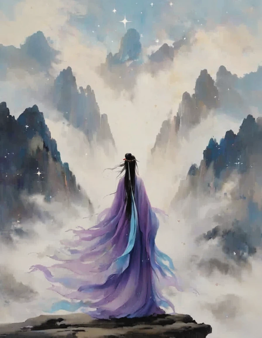 Back view of wise and affectionate woman in ancient costume standing on cliff, Surrounded by swirling currents of cosmic energy，Surrounded by a dreamy mist-shrouded landscape。The figure is wrapped in a flowing robe.，Integrate with the streamlines of heaven and earth。The sky is a tapestry of deep purples and blues，Dotted with stars，The landscape below suggests softness、Rolling mountains，Minimalist koan in the background, From front and center to ghostly smoke, Transition from entity to ghost, Starry sky and clouds in the background, A wise, powerful and calm sense of the universe, glowing eyes, Rich and detailed, psychedelic style, fantasy style, movie style, dramatic style, style, 