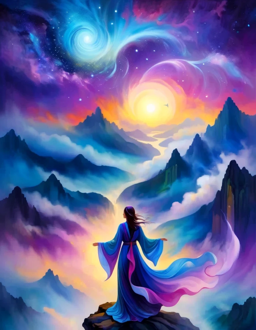 A woman standing on a cliff looking at the stars, Surrounded by swirling currents of cosmic energy，Surrounded by a dreamy mist-shrouded landscape。The figure is wrapped in a flowing robe.，Integrate with the streamlines of heaven and earth。The sky is a tapestry of deep purples and blues，Dotted with stars，The landscape below suggests softness、Rolling mountains，Astral ethereal, fantastic numbers, ethereal essence, Ethereal fantasy, ethereal beauty, digital art fantasy, beautiful fantasy painting, beautiful fantasy art, stunning fantasy art, Inspired by Cyril Rolando, fantasy art style, softly swirling magical energy, fantasy digital painting, fantasy digital art, ethereal realm, of Ethereal fantasy