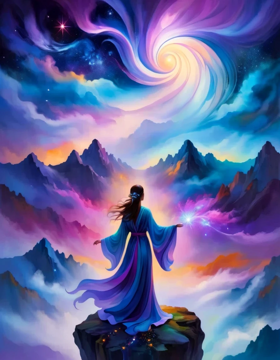 A woman standing on a cliff looking at the stars, Surrounded by swirling currents of cosmic energy，Surrounded by a dreamy mist-shrouded landscape。The figure is wrapped in a flowing robe.，Integrate with the streamlines of heaven and earth。The sky is a tapestry of deep purples and blues，Dotted with stars，The landscape below suggests softness、Rolling mountains，Astral ethereal, fantastic numbers, ethereal essence, Ethereal fantasy, ethereal beauty, digital art fantasy, beautiful fantasy painting, beautiful fantasy art, stunning fantasy art, Inspired by Cyril Rolando, fantasy art style, softly swirling magical energy, fantasy digital painting, fantasy digital art, ethereal realm, of Ethereal fantasy