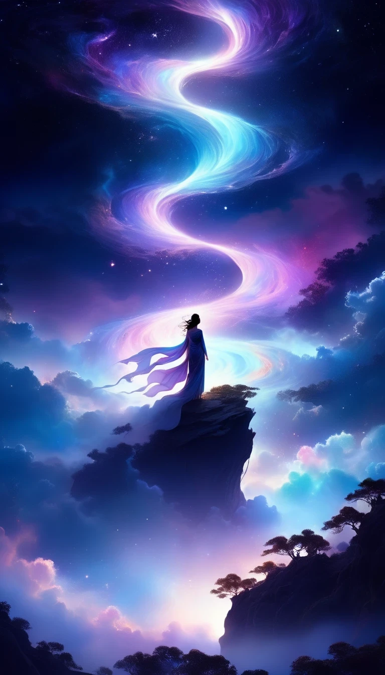 A beautiful woman stands on a cliff looking at the stars, （beautiful silhouette），Surrounded by swirling currents of cosmic energy，Surrounded by a dreamy mist-shrouded landscape。The figure is wrapped in a flowing robe.，Integrate with the streamlines of heaven and earth。The sky is a tapestry of deep purples and blues，Dotted with stars，The landscape below suggests softness、Rolling mountains，Astral ethereal, fantastic numbers, ethereal essence, Ethereal fantasy, ethereal beauty, digital art fantasy, beautiful fantasy painting, beautiful fantasy art, stunning fantasy art, Inspired by Cyril Rolando, fantasy art style, softly swirling magical energy, fantasy digital painting, fantasy digital art, ethereal realm, of Ethereal fantasy